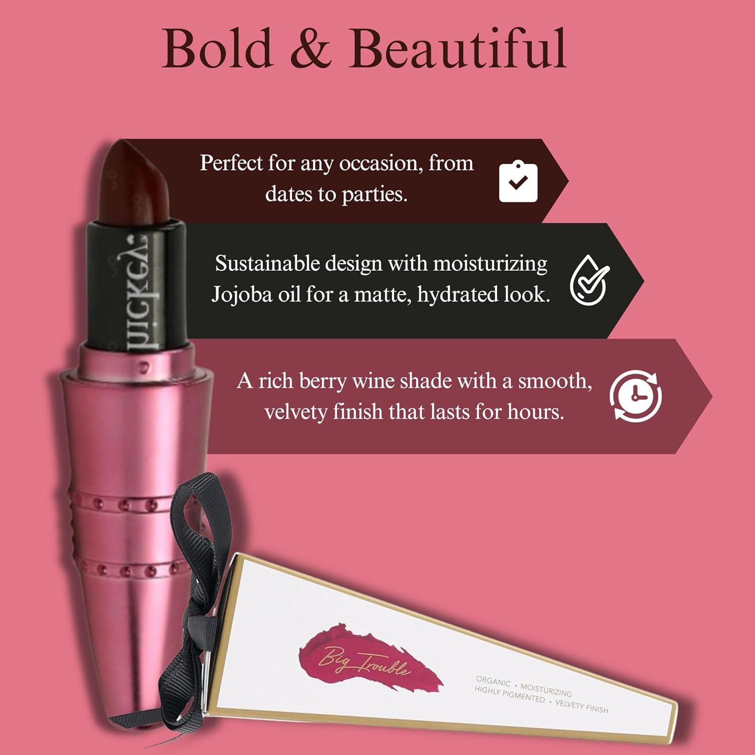 Hickey Lipstick Set, Big Trouble (Berry Wine), Refillable Silver Case with Chain, Satin Pouch & Ribbon (Wearable Necklace), Long Lasting Hydrating Velvet Finish Lipstick for Women, Vegan & Gluten-Free