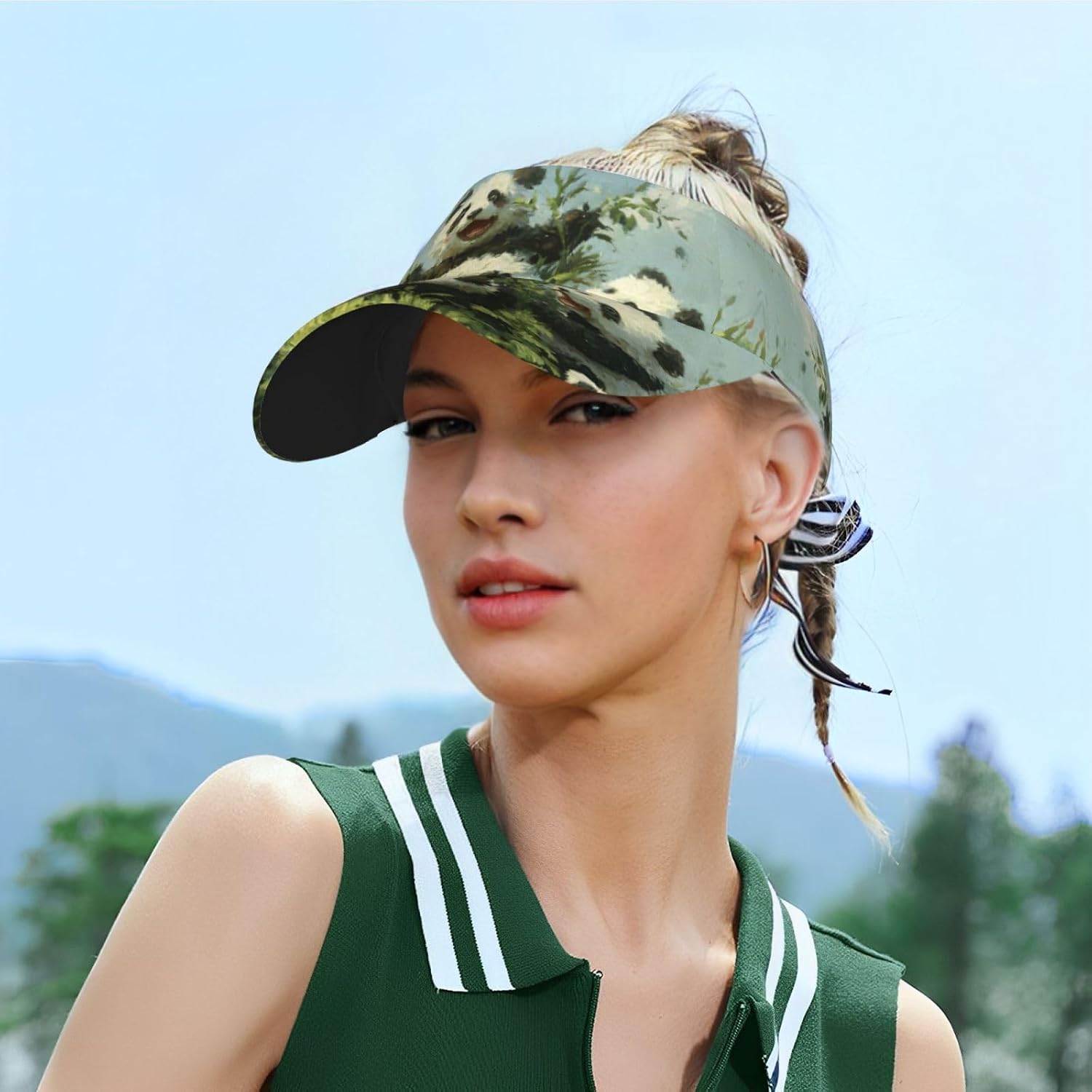 (Pandas) Adult Sun Visor Hat Adjustable Open Top Sports Cap Breathable for Men Women Beach Vacation Essentials Black