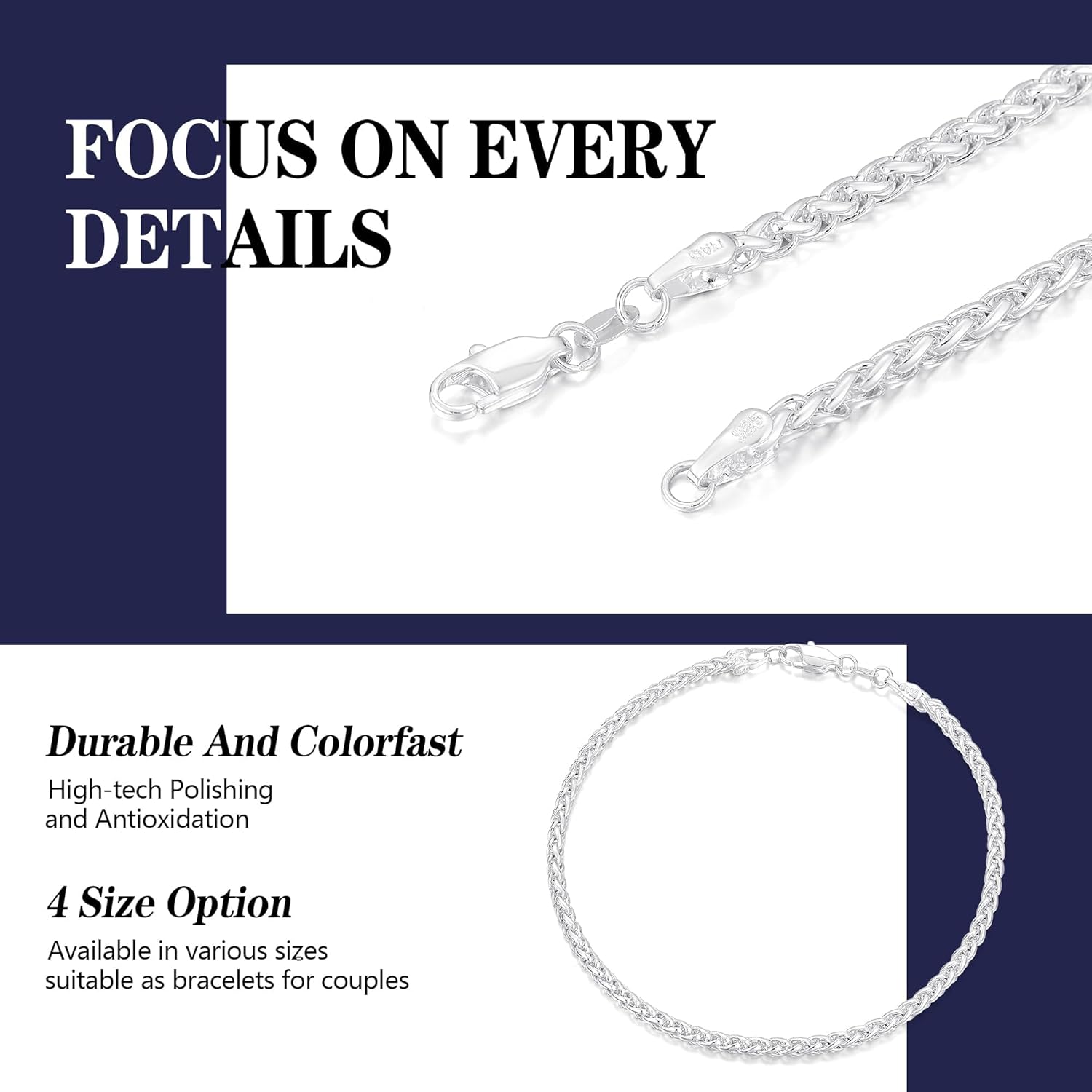 Silver Bracelet for Men, 925 Sterling Silver 3MM Wheat Chain Bracelets 7/7.5/8/9 Inches, Diamond Cut Silver Bracelet Gifts for Boyfriend Father Husband