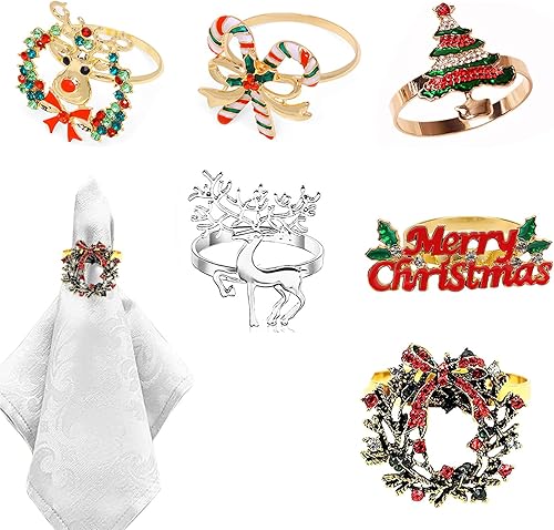 Juego de 6 servilleteros de Navidad, servilleteros de Navidad, con diamantes de imitación, hebilla redonda de metal para Navidad, boda, fiesta,