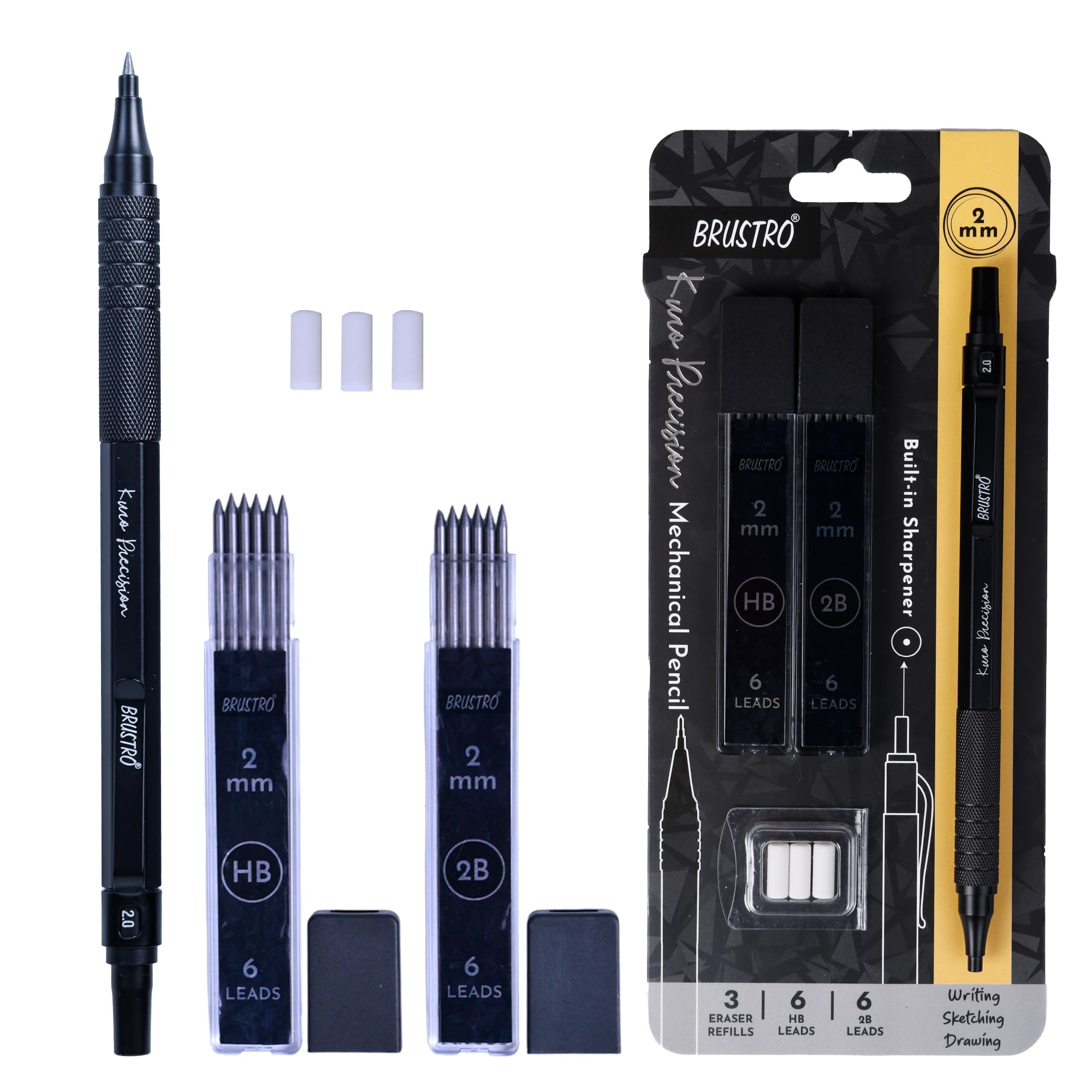 BRUSTRO Kuro Precision Mechanical Pencil |Tip Size- 2mm With 6- HB and 6-2B Leads, Built-in-Sharpener, 3 Eraser Refill|Ideal For Writing, Sketching, Drawing, Mandala Arts and Fine Art Students-image-35