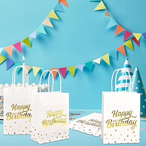 Miniatura 4 de Locmeo 50 bolsas de regalo de cumpleaños de papel de aluminio dorado con asas, bolsas de papel de lunares de lámina dorada a granel para niños y
