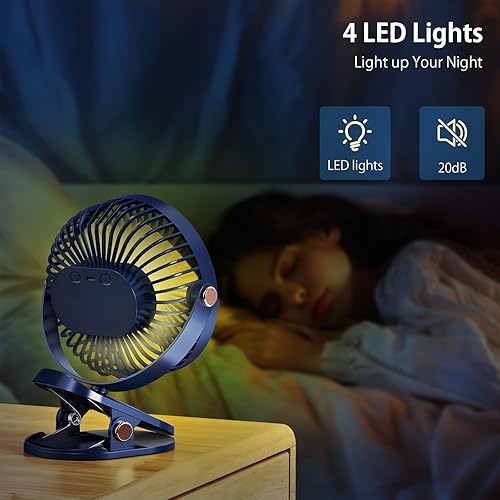 Miniatura 6 de iNeibo Ventilador portátil con clip de 4000 mAh con luces LED, ventilador de escritorio USB a pilas, mini ventilador de mesa recargable silencioso
