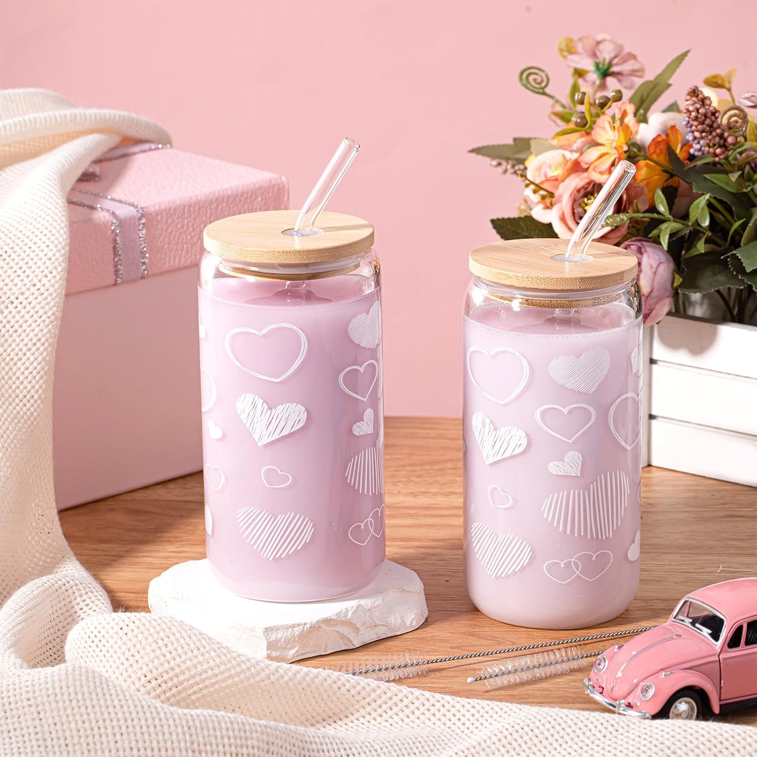 12 Sets White Hearts Glass Cups, 16 oz Valentine's Day Tumbler Glasses with Bamboo Lids and Straws Iced Coffee Clear Glass Drinking Cups for Galentines Party Couple Lover Birthday Gifts