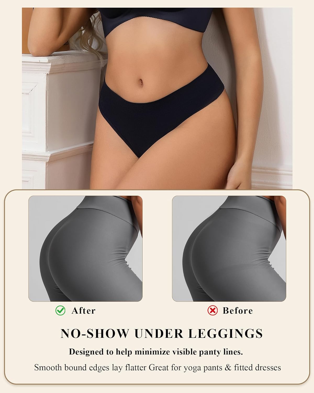 Womens Seamless No Show Thong Underwear, High Waisted G-String, Cotton Gusset, Breathable Stretch, 6 Pack, Black - Image 3