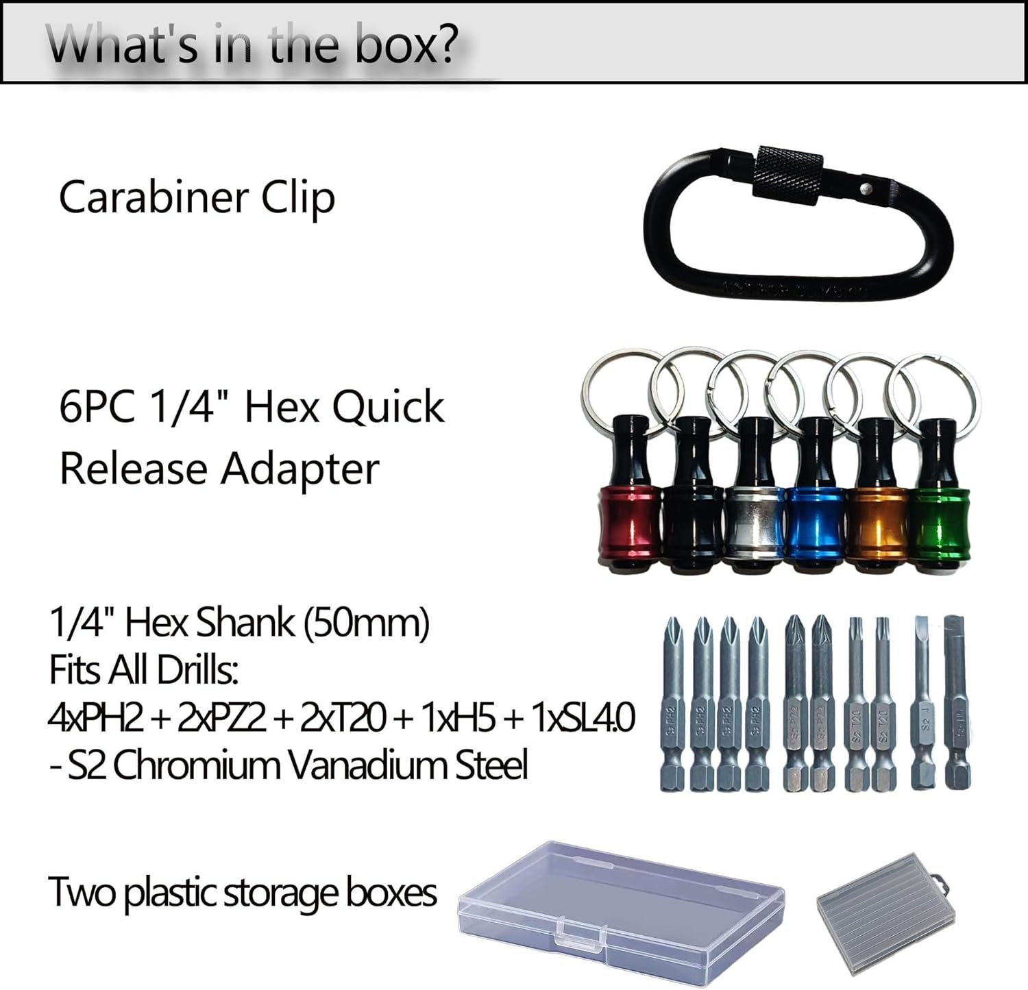 Bit Holder Keychain, Quick Release Magnetic Screwdriver with 10 S2 Steel Bits & Carabiner Clip, 1/4 Inch Hex Shank Adapter for Drill Driver, Electrician Tools, EDC (Black & Color Options)