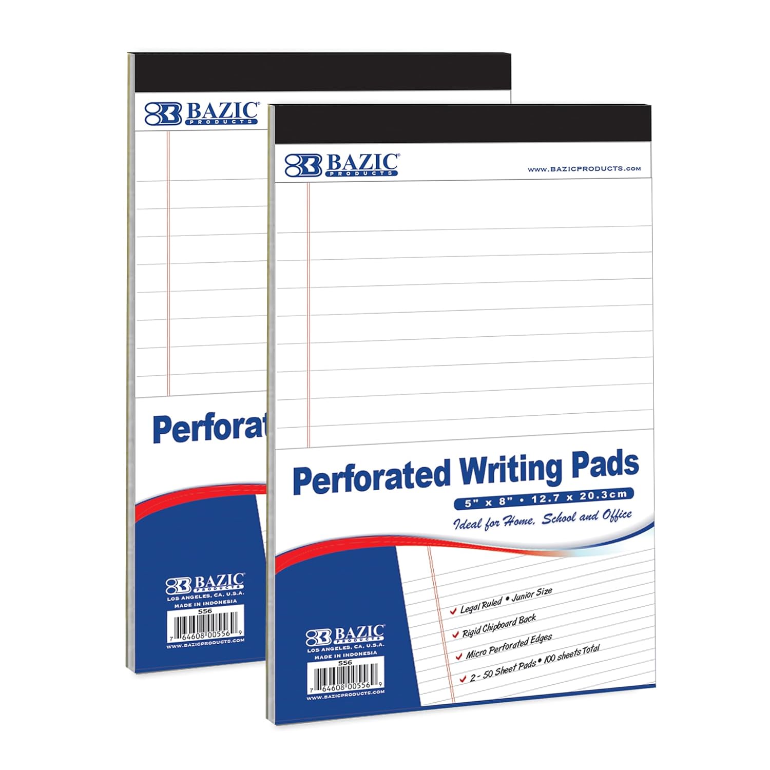 BAZIC Products Perforated Writing Pad, 50 Sheets 5x8 Inch, White Jr. Lined Ruled Memo Writing Pads Note Paper for Office School Student, Total 48 Count