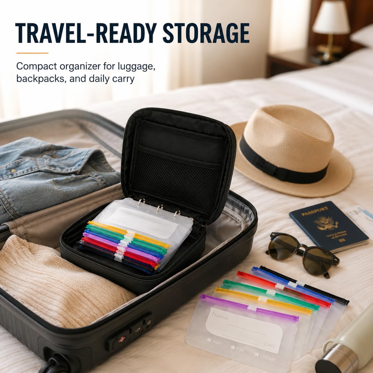 Waterproof Pill Organizer Set - Reusable Travel Medicine Organizer with 14 Color-Coded Pouches, Twice-Daily Large Pill Organizer for Seven Days, Compact & Durable Travel Case (Black)