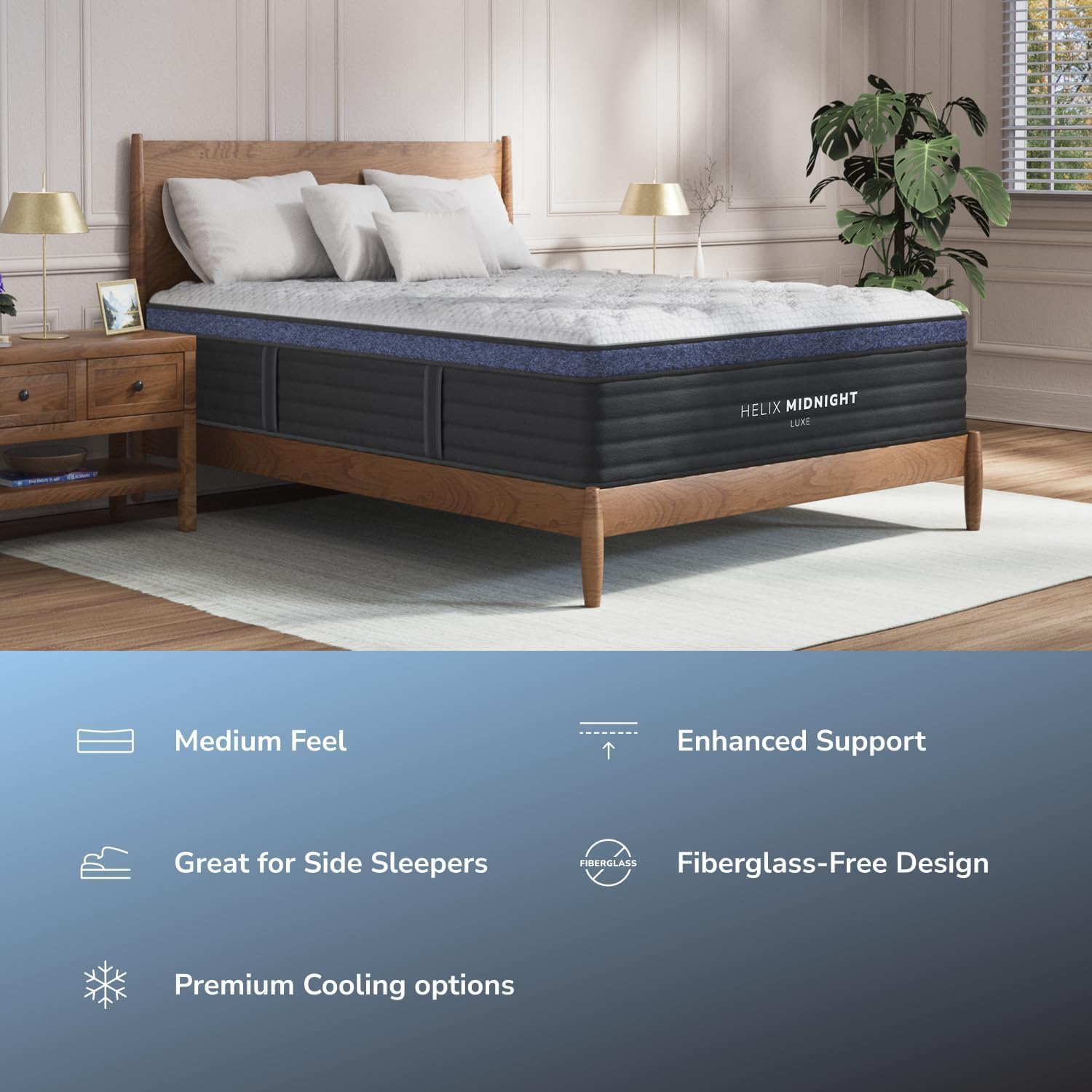 Helix Midnight Luxe Mattress on a bed with features