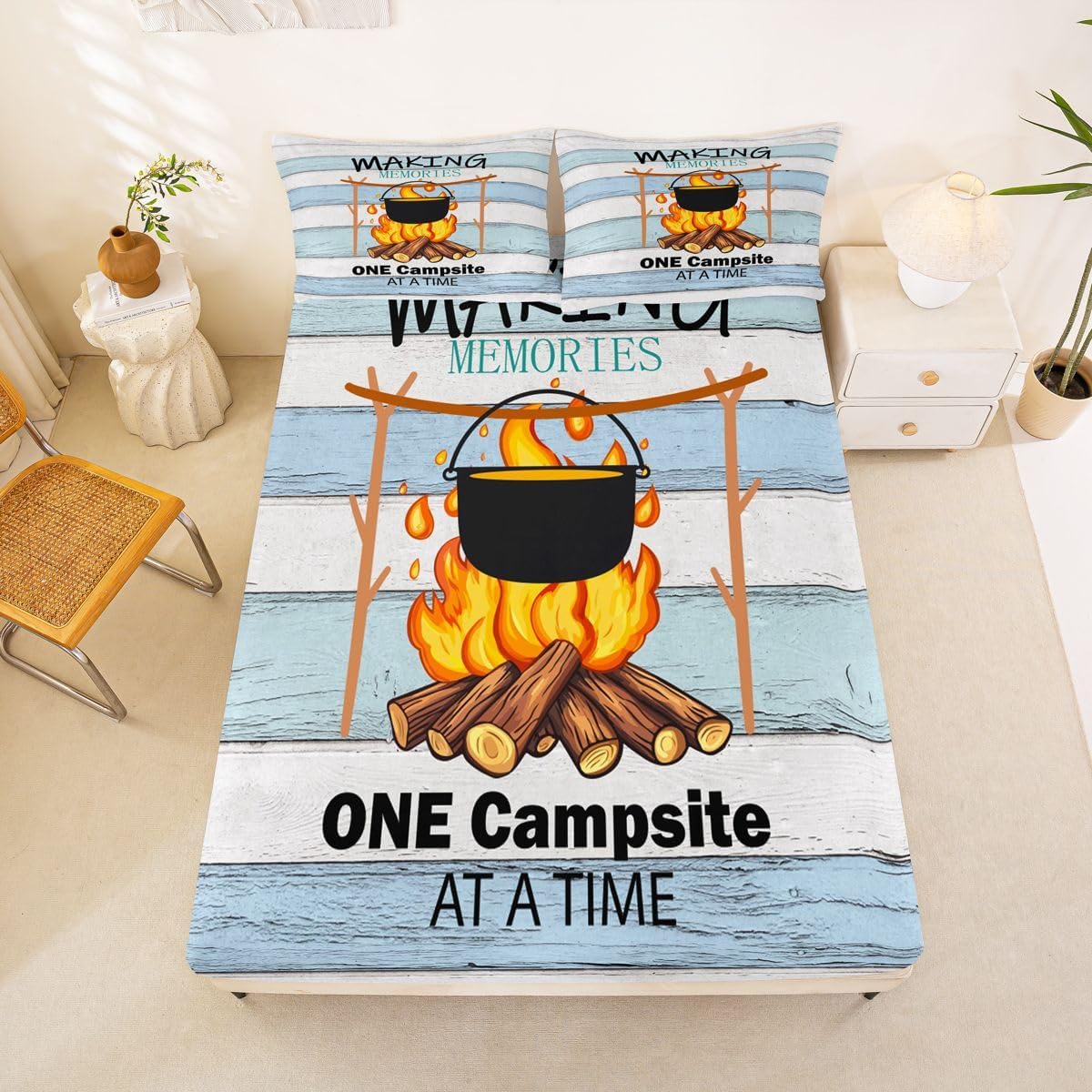 Feelyou Camper Bed Sheets Set Full Size Happy Camping Bed Set RV Camping Deep Pocket Fitted Sheet Camper Accessories for Travel Trailers Breathable Soft Lightweight Microfiber Cartoon Camping