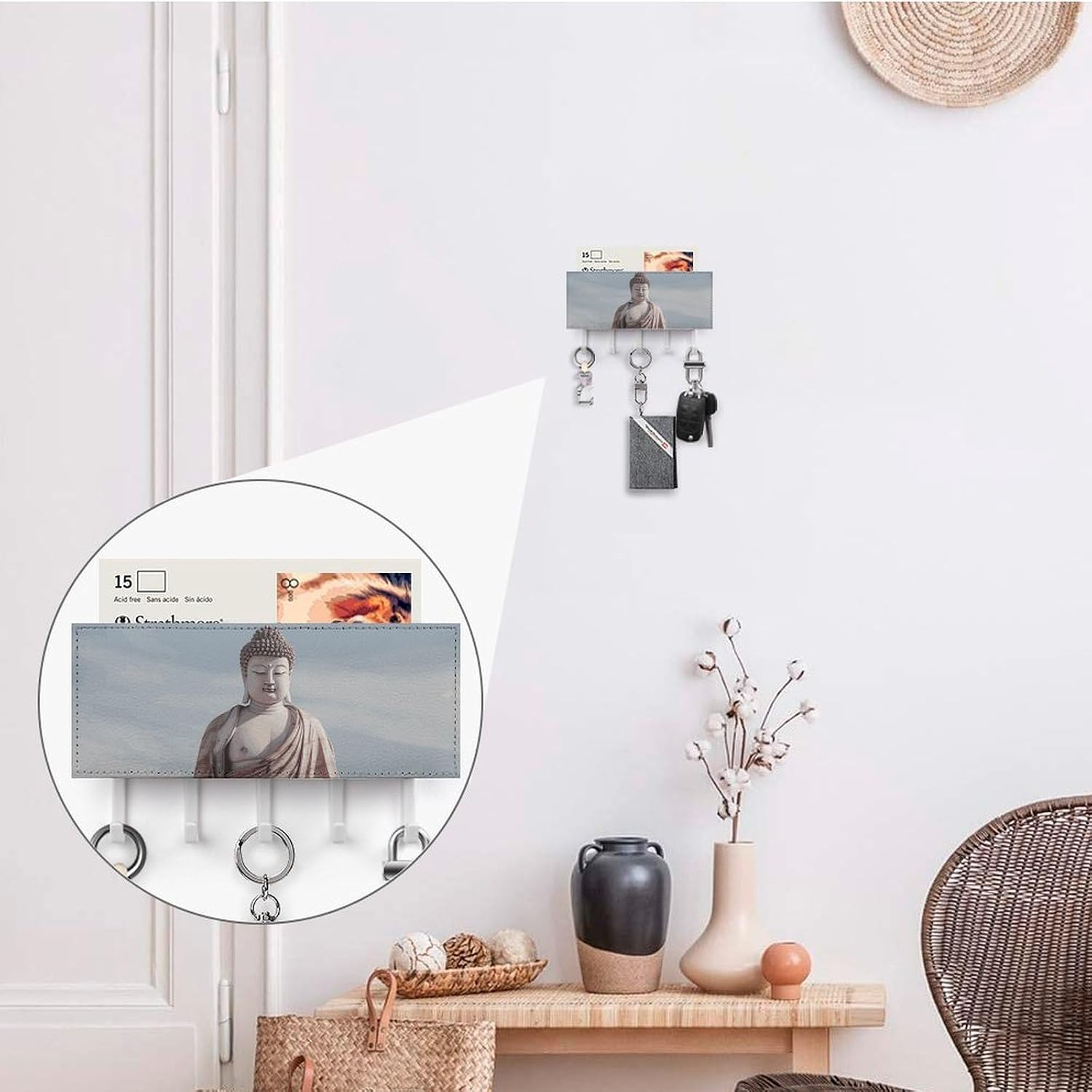 White Buddha Statue Key Holder Wall Mount, Adhesive Key Rail Rack Hanger Holder White with 5 Hooks, No Drill, Keys Chain Organizer for Living Room, Front Door, Hallway, Office