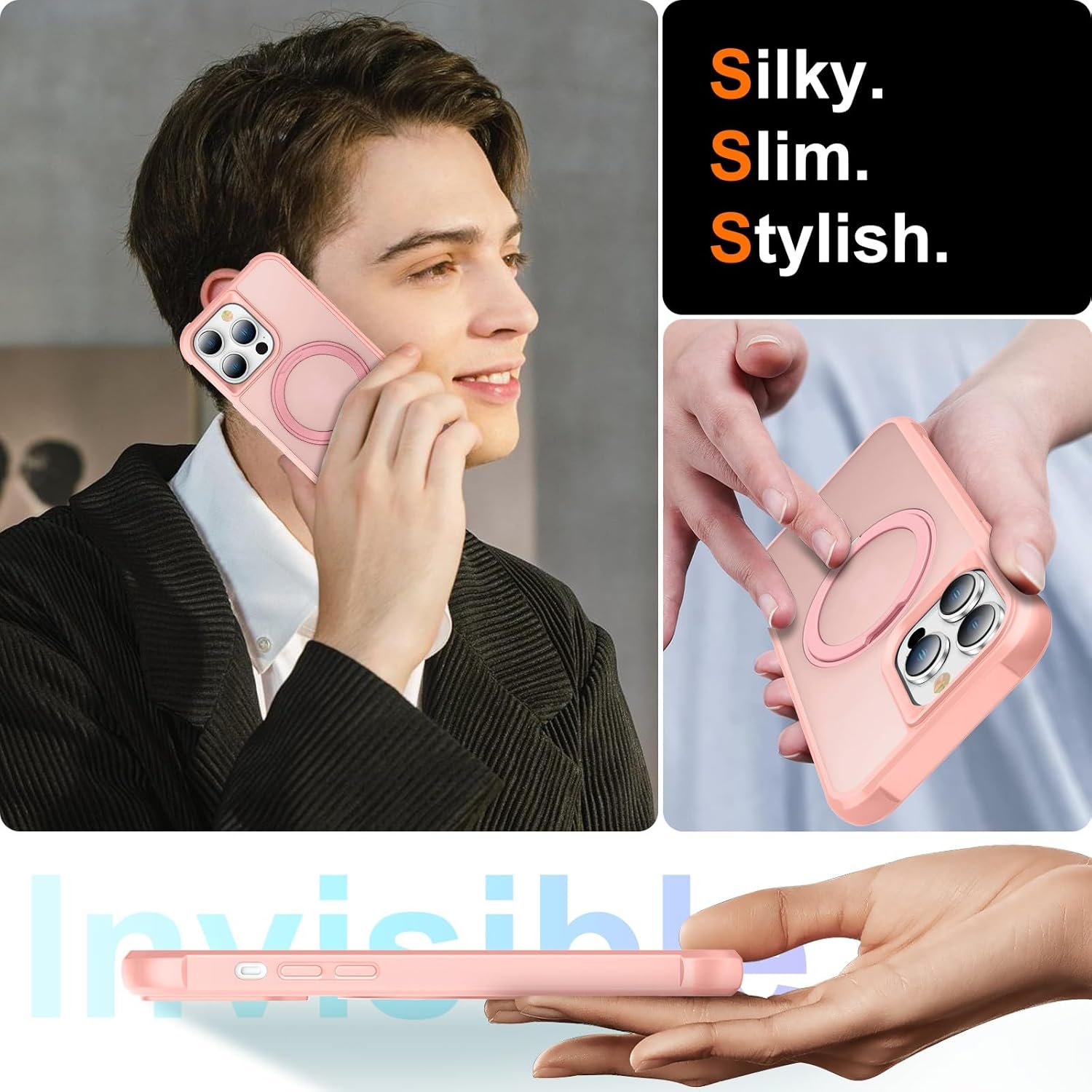 360° Magnetic Swivel Ring for iPhone 14 pro case, Built-in Metal Stand and Ring Holder, Magsafe Compatible, Military Grade Protection, Shock and Vibration Resistant- Pink - Image 6