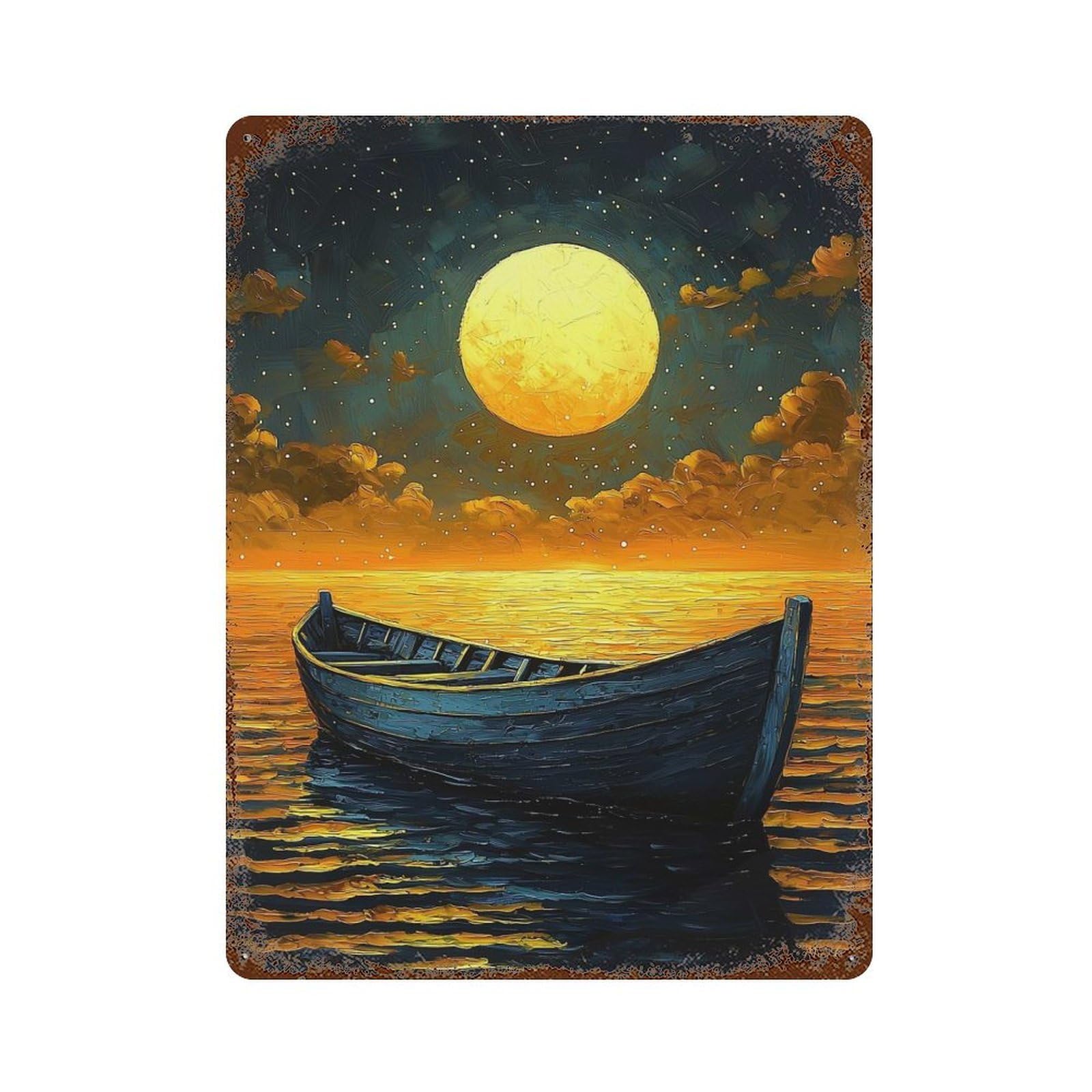 Rust Effect Moonlit Boat Journey – Naïf Dreamy Night Art Vintage Rust Metal Sign 15.7"x11.8", Rustic Home Decor for Farmhouse, Kitchen And Entryway Decor