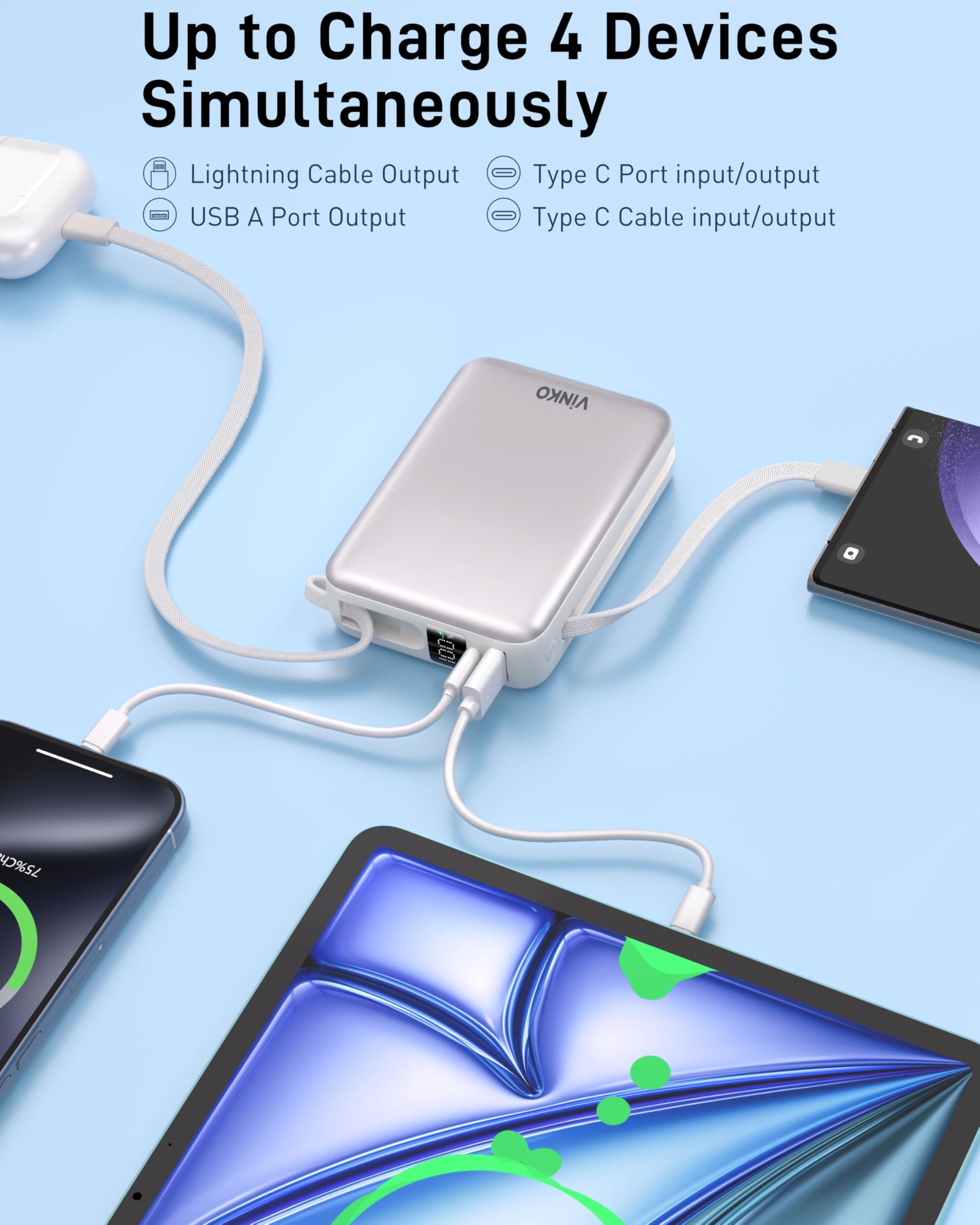 VINKO Travel Essentials Chargeur Portable 20 000 mAh avec câbles intégrés et écran LED, Compatible avec iPhone, iPad, Samsung Pixel, Blanc