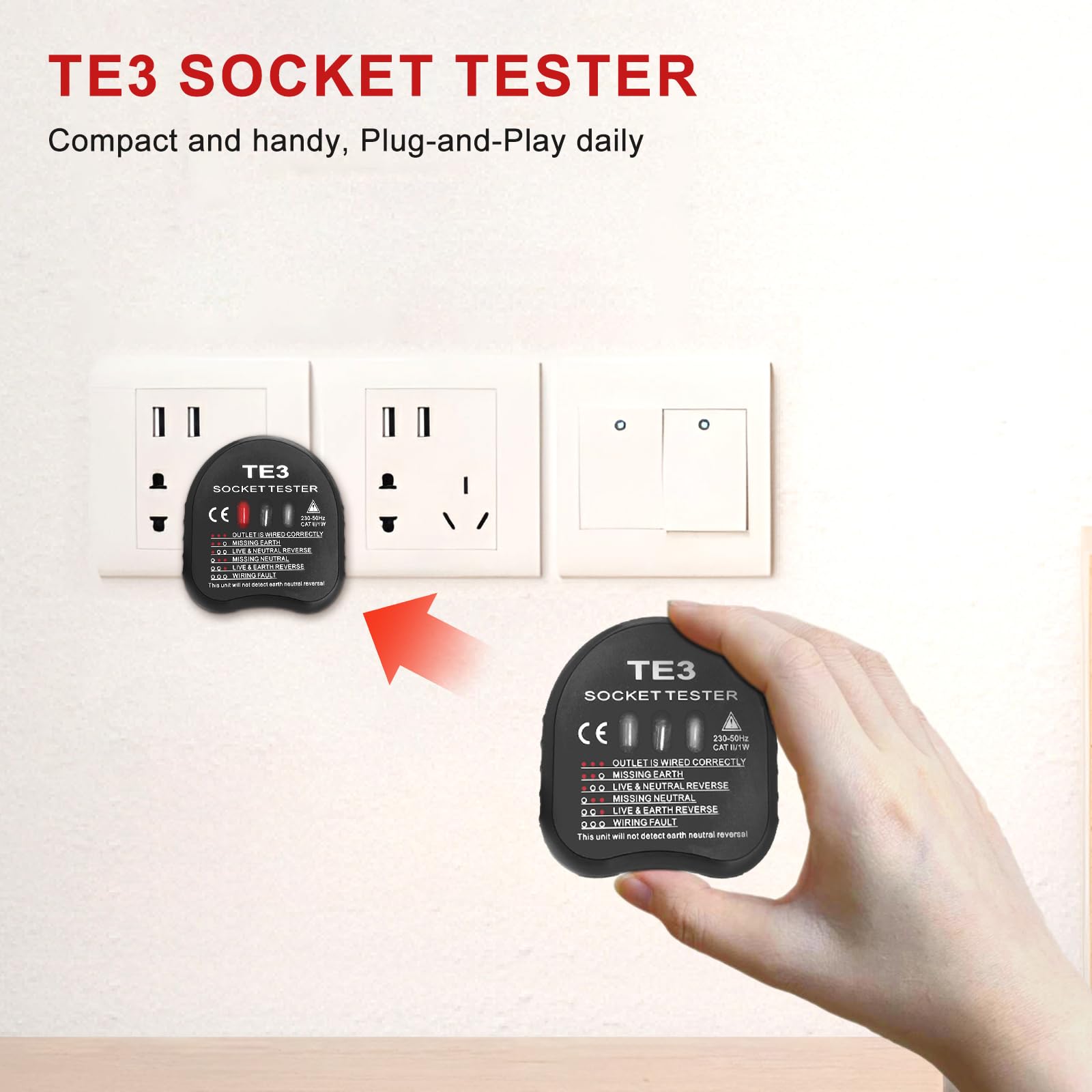 Socket Tester UK, Electrical Tester, 250V Rcd Plug Sockets, Circuit Meter with 3 Neon Indicators, Automatic Voltage Testers - Image 3