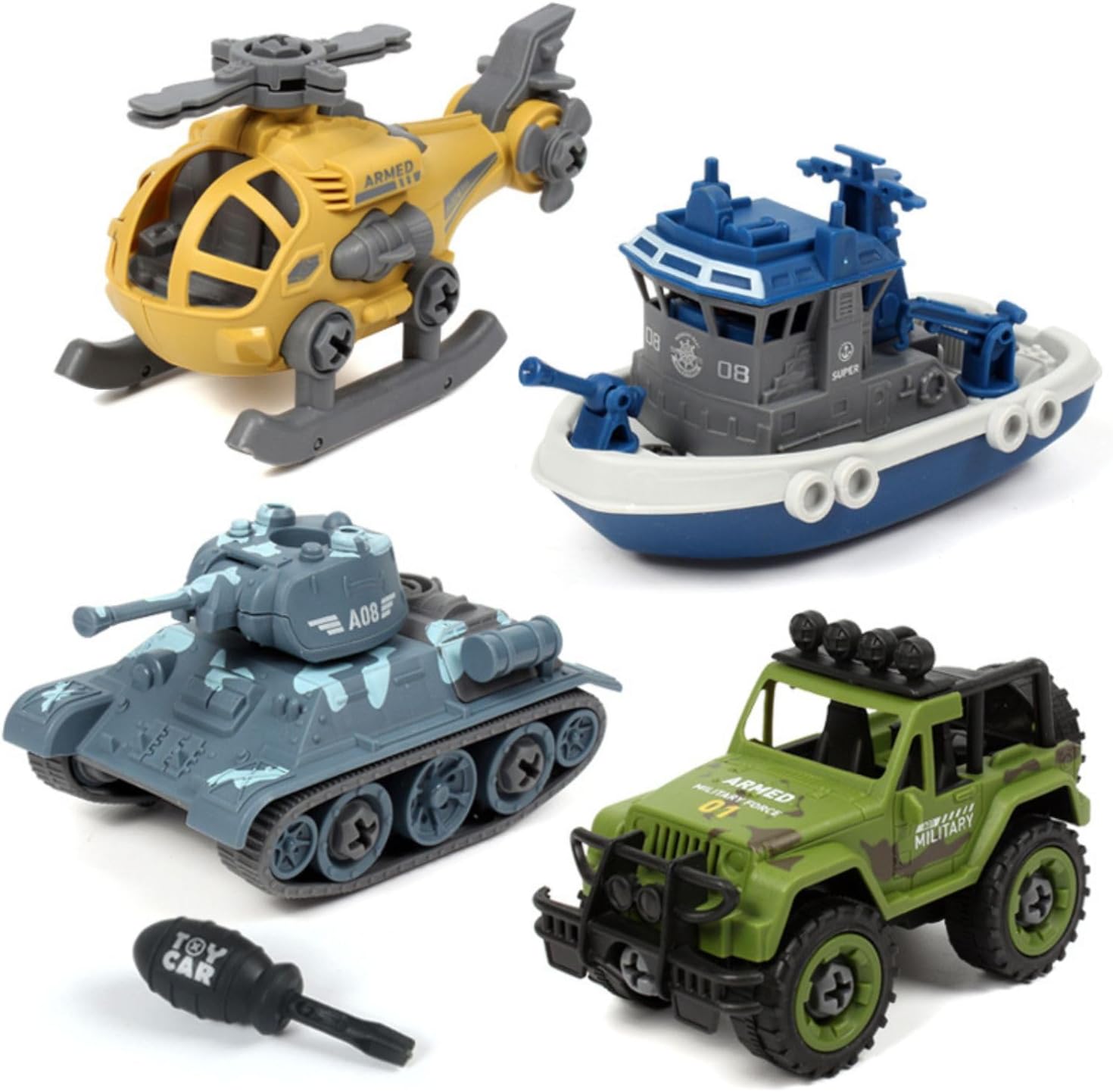 FunBlast Military Army Building Blocks Play Set Toys, Pack of 4 Vehicles with Screwdriver Toy, DIY Kids STEM Toys Includes Helicopter, Jeep, Tank and Boat, Birthday Gifts for Boys 2 3 4 5 6 Year