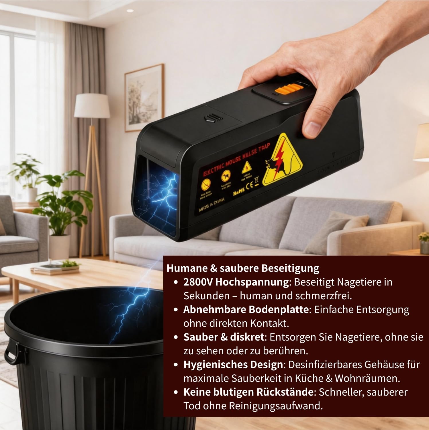 Hochspannungs-Elektrofalle für Mäuse (2800 V), mausefalle, Mäuseplage, Wiederverwendbare, Giftfreie Schädlingsbekämpfung für Innen und Außen, Starke & hygienische Lösung, schmerzfreie Tötung