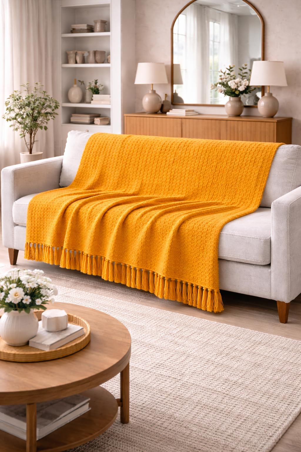 Tarantaran Textured Throw Blanket with Fringe, Mustard Yellow, Sofa Cover for Living Room Decor-image-42