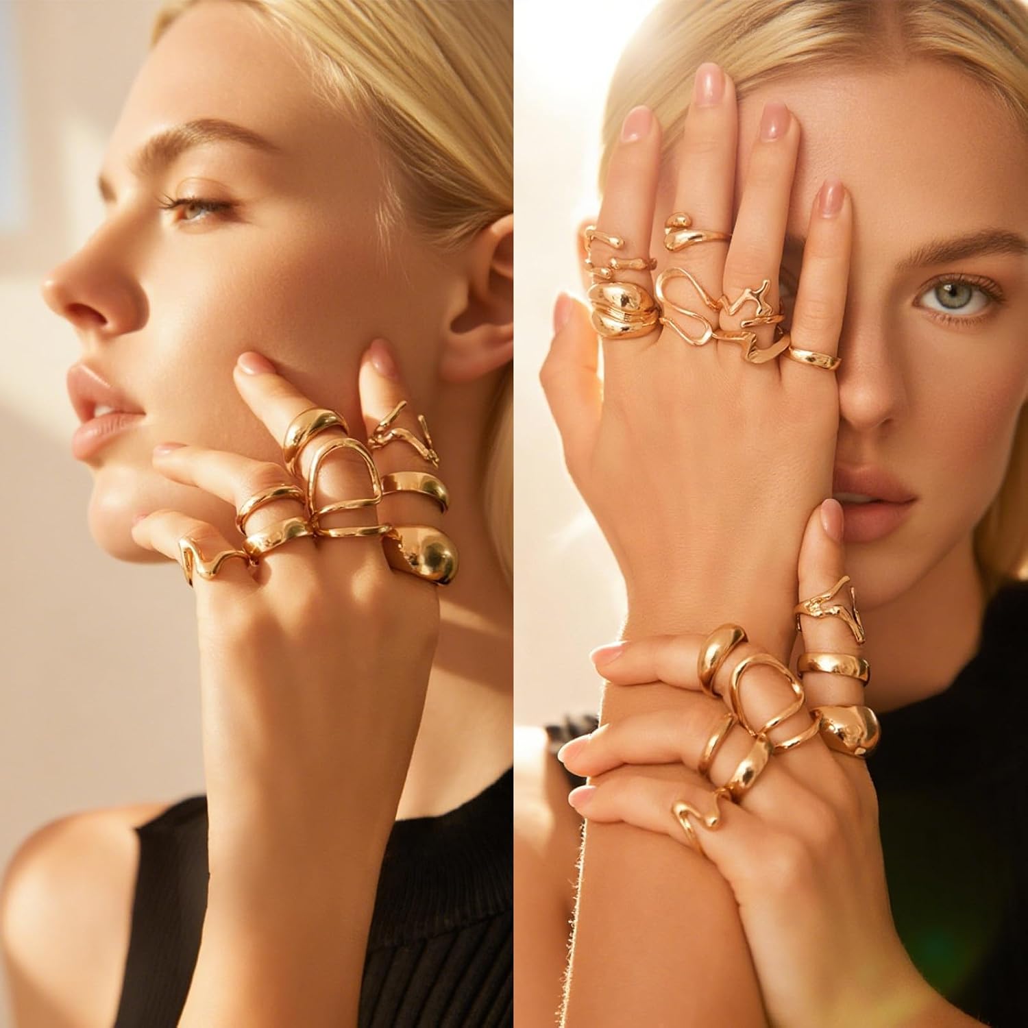 IFKM Gold Chunky Rings Set for Women 14k Gold Plated Thick Dome Stackable Open Rings Trendy Dainty Minimalist Jewelry Gifts