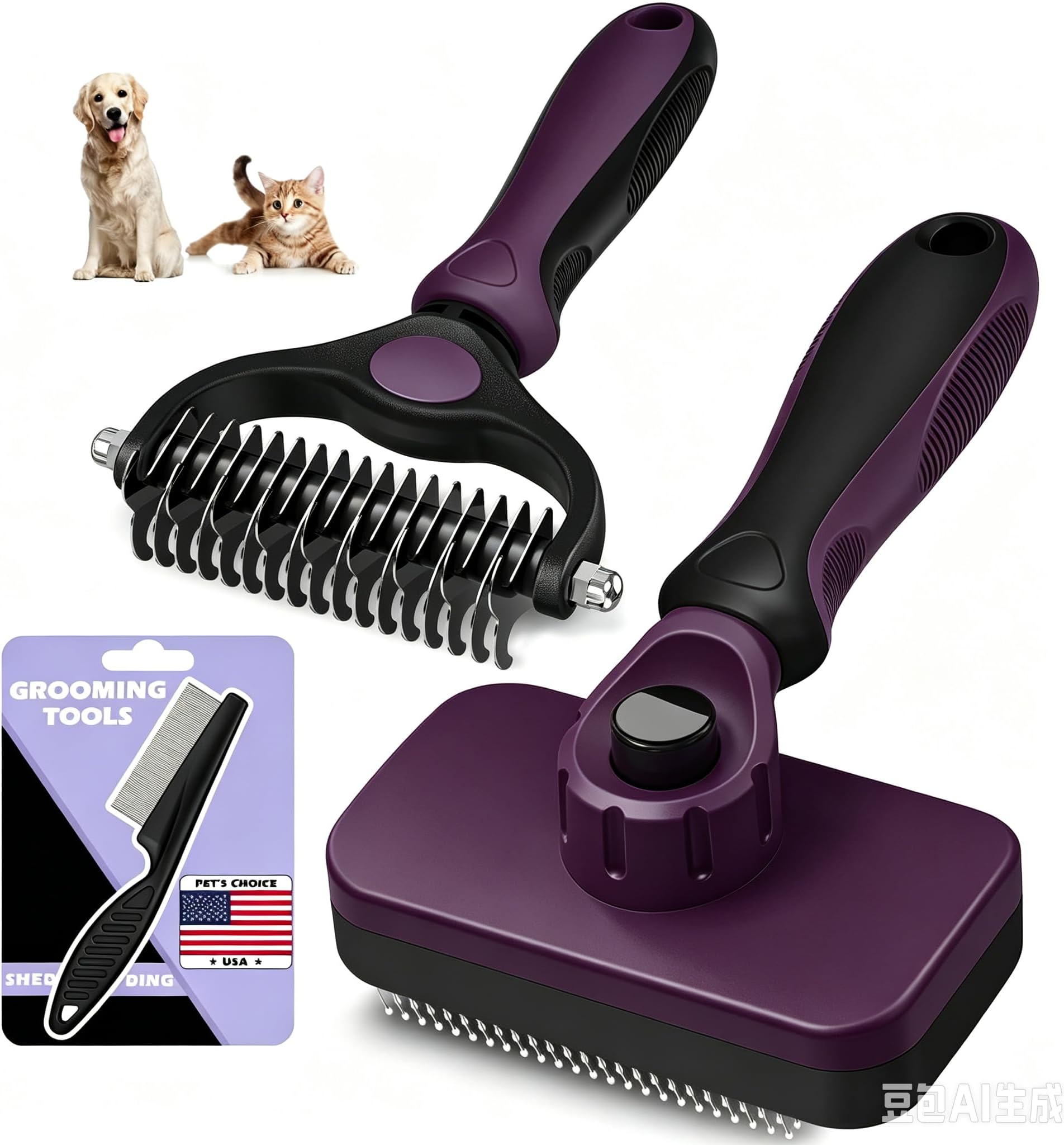Professional 3PCS Self Cleaning Slicker Brush & Pet Grooming Rake & Flea Comb for Dogs, Cats and Horses | Pet Supplies (Mulberry)