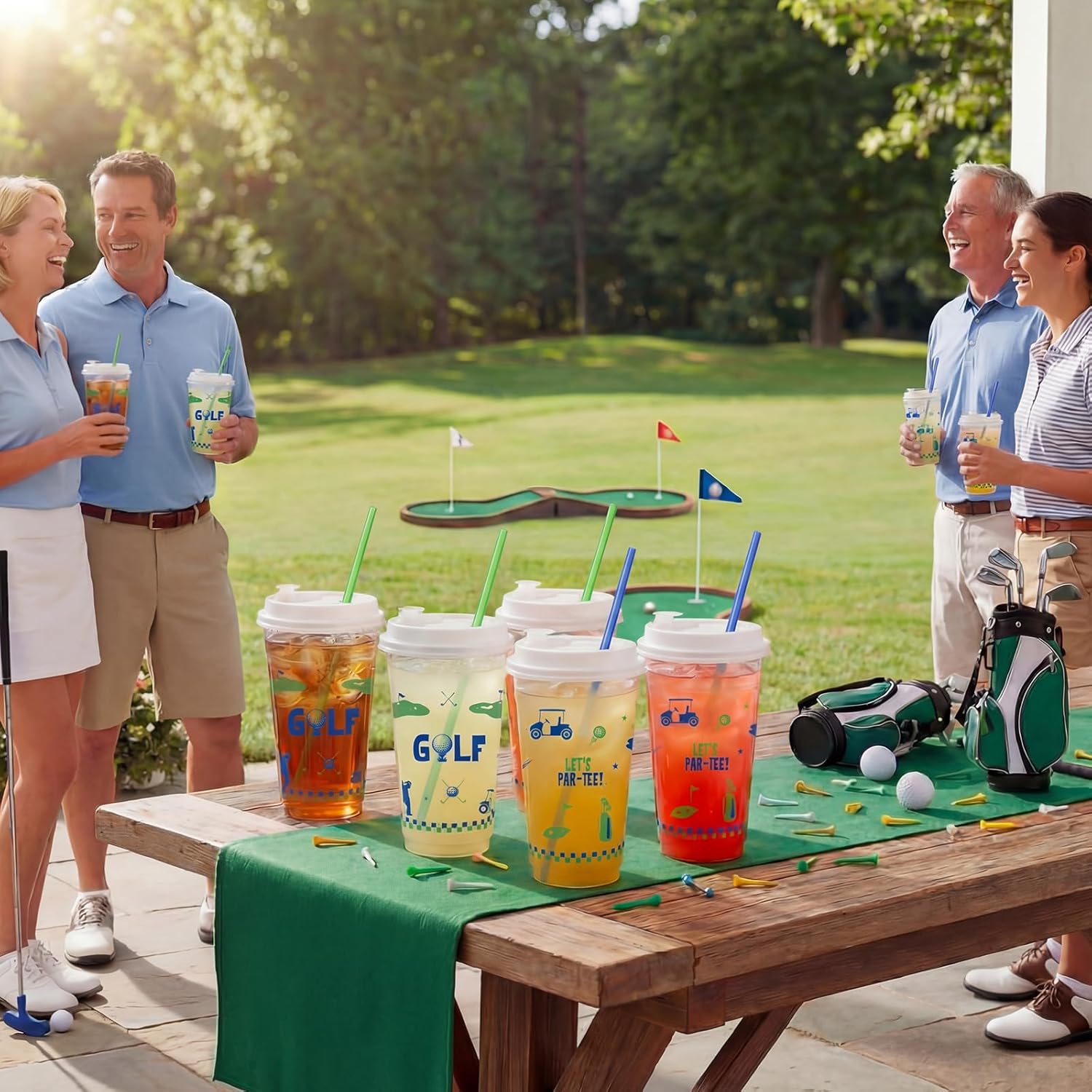Remerry 50 Sets Golf Party Cups with Lids and Straws - 17 Oz Plastic Blue and Green Clear Cups Bulk for Birthday Party Baby Shower Theme Events Decorations Supplies