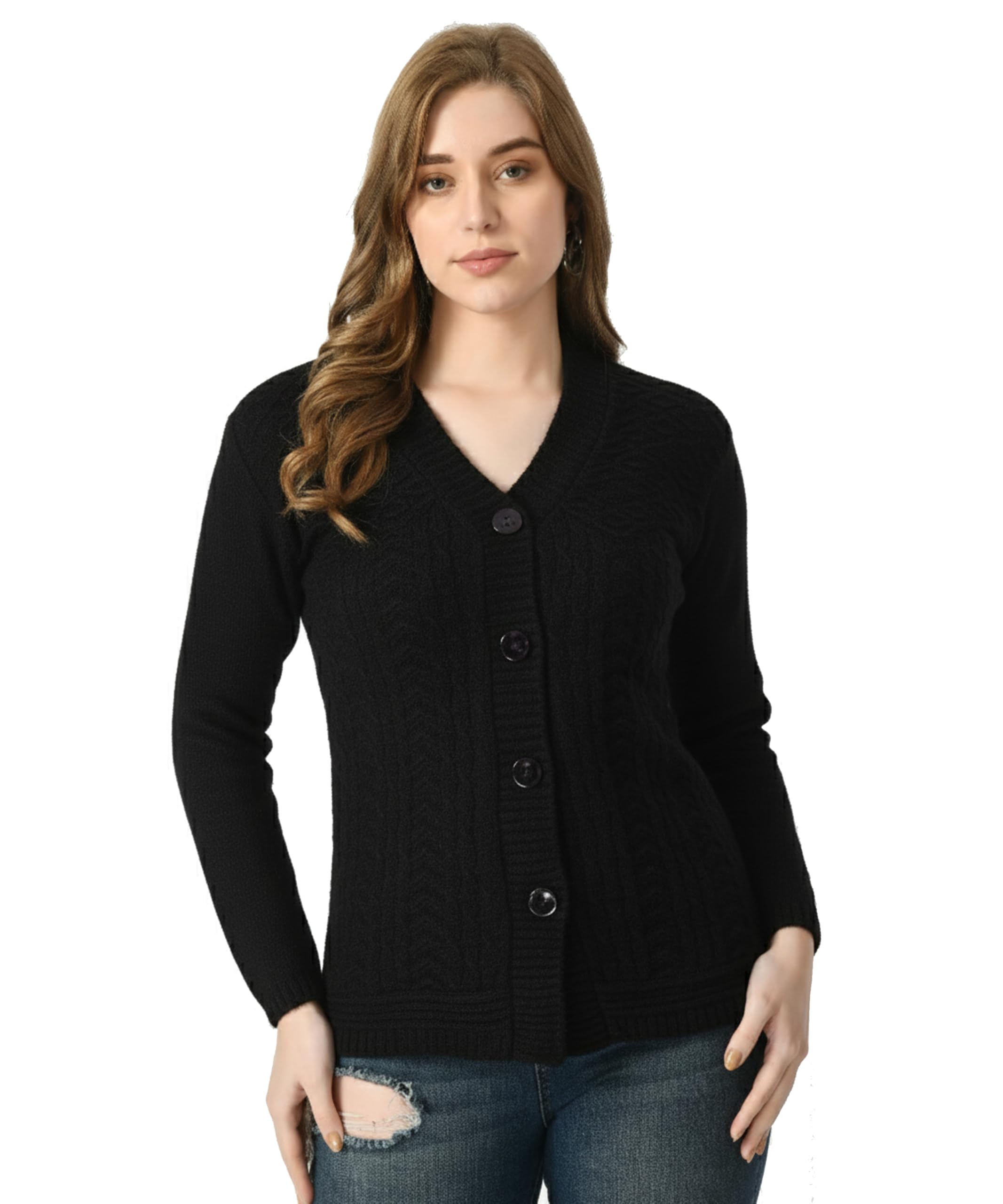 MANRA Women's Regular Fit V-Neck Full Sleeve Self Solid Winter wear Sweater Cardigans (40/Black)-picture-11