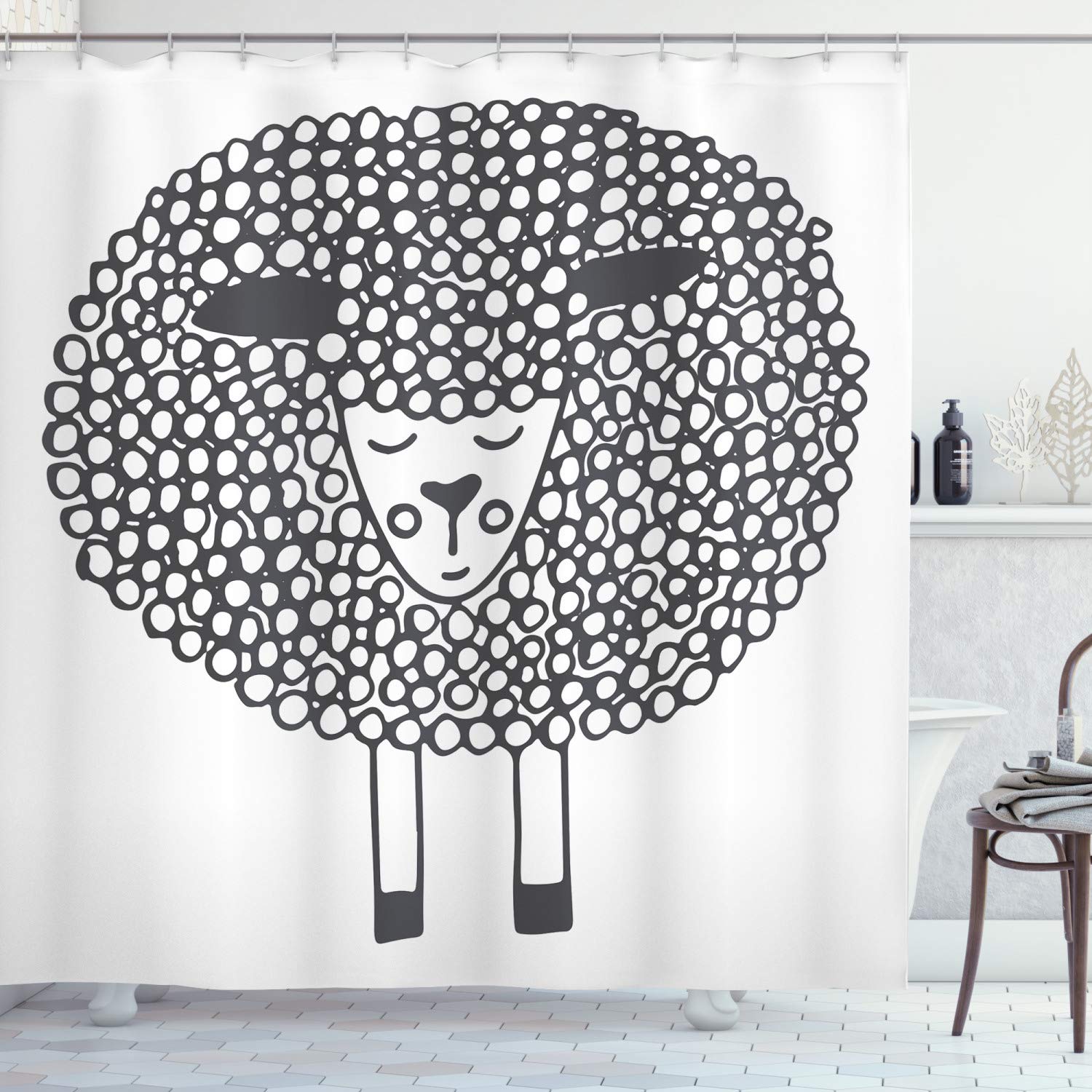 ABAKUHAUS Grey and White Shower Curtain, Monochrome Sheep with Doodle Design Farm Animal Illustration, Cloth Fabric Bathroom Decor Set with Hooks, 70 Inches, Charcoal Grey and White — image 1