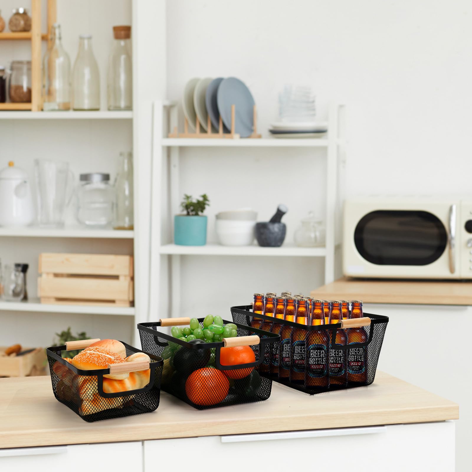 Drahtkorb zum Organisieren, Drahtkorb aus Metall mit Holzgriff, Stahl-Aufbewahrungskorb für Küche, Lebensmittelplatte, Heimschrank, Schränke, Picknick, Zuhause (Schwarz, 3-teilig)