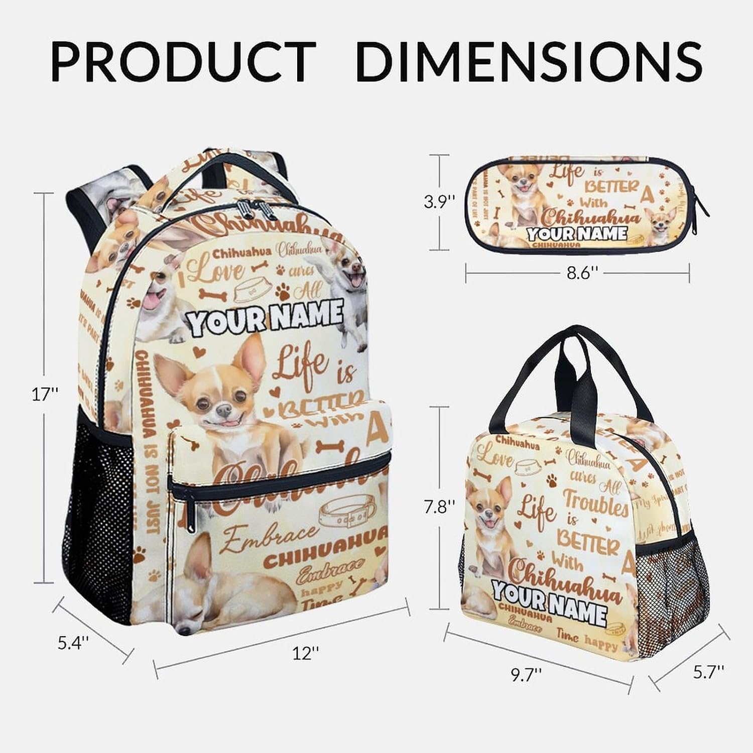 Mercuryelf Girls Backpack with Lunch Box - 17 Inch Custom Chihuahua Backpacks Set for School - Cute Dog Bookbag Combo for Teen Girls - Lightweight Durable School Bag with Lunch Bag and Pencil