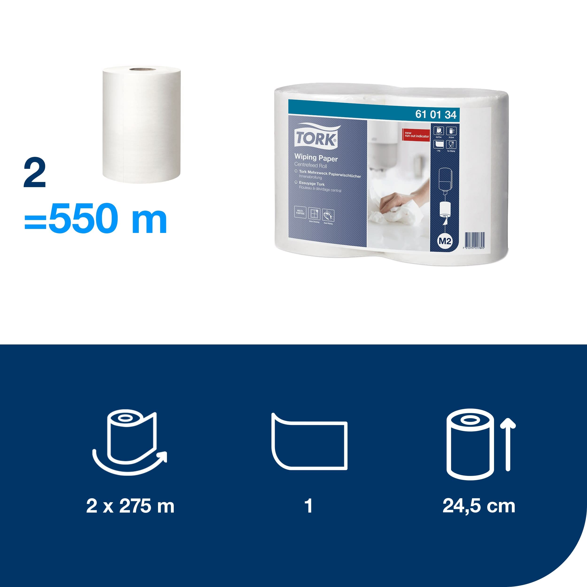 Tork 610134 Carta per asciugatura Advanced, compatibile con il sistema M2 (ad estrazione centrale), 1 velo, 1 x 2 rotoli (2 x 275 m), colore bianco