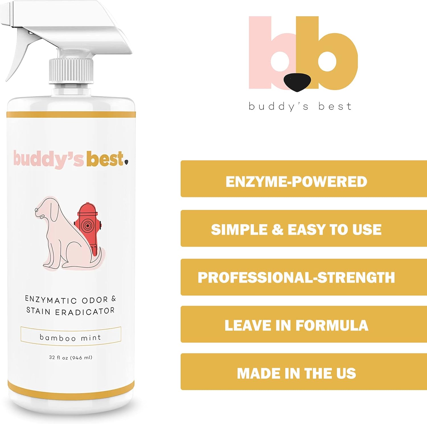 Buddy's Best, Pet Urine Odor Eliminator, Deodorizer, and Stain Remover - Enzymatic Cleaner for Dog Urine - Effective Enzyme Based Dog Pee Spray Cleaner - Bamboo Mint Scent, 32 fl oz
