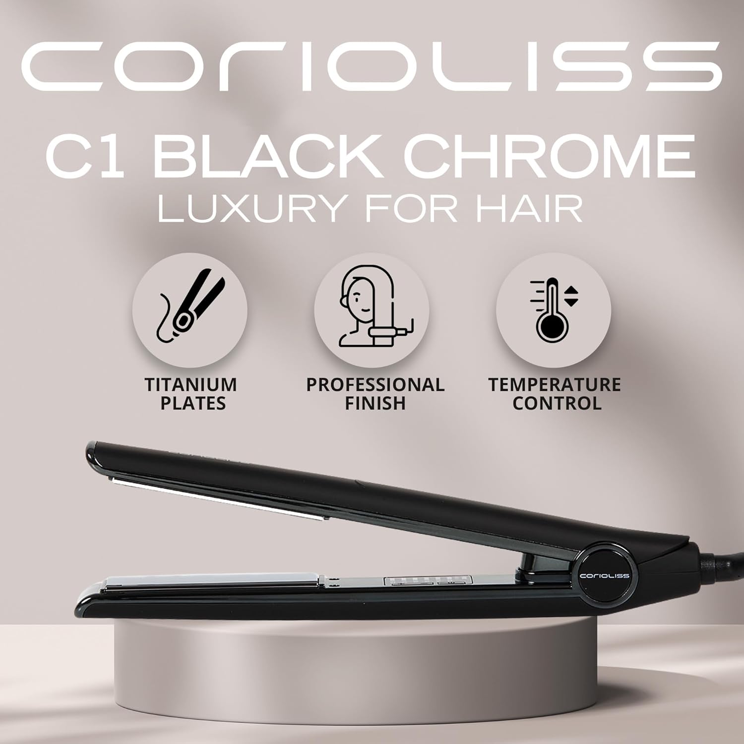 Corioliss C1 Flat Iron Hair Straightener Professional Titanium Plates Temperature Control Travel Case (Black Soft Touch Chrome)