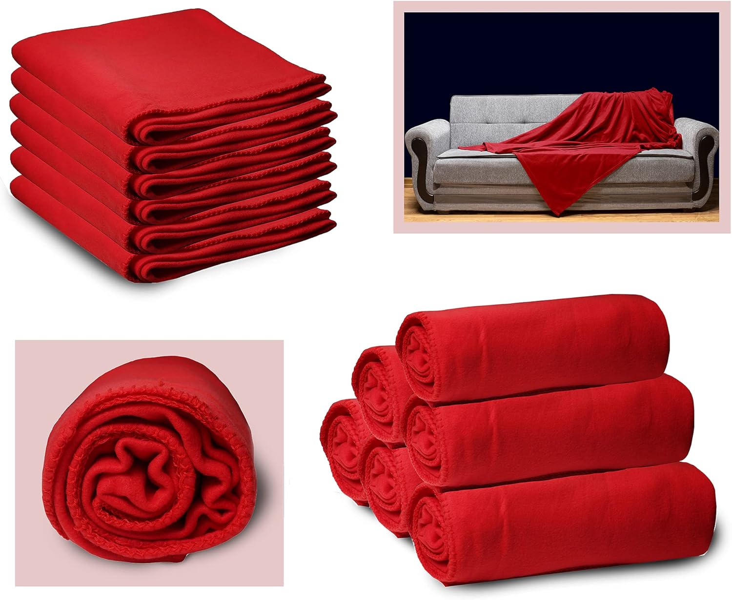 12 Pack of Bulk Soft Fleece Blankets 50 X 60, Light Weight, Cozy Warm Throw Blanket Sofa Travel Outdoor, Wholesale (50 X 60, 12 Pack Red)