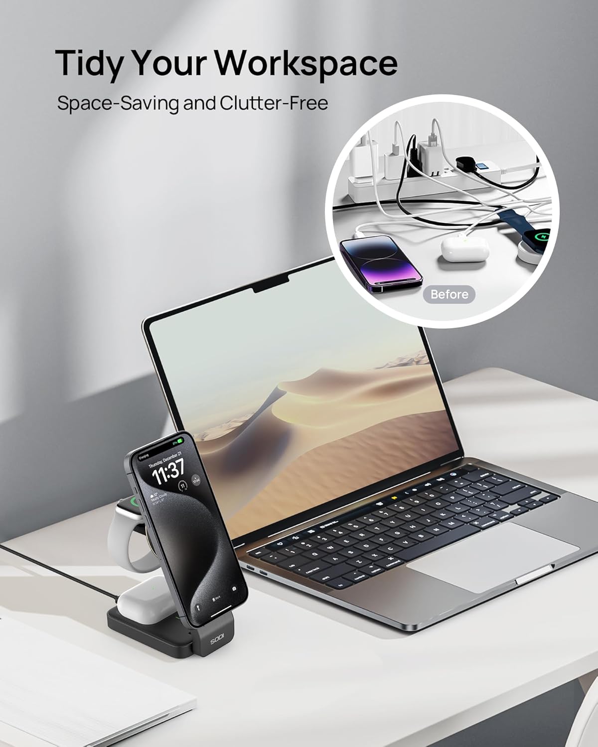 Exploded view of SODI 3-in-1 Wireless Charging Station showing internal multi-protection system components.
