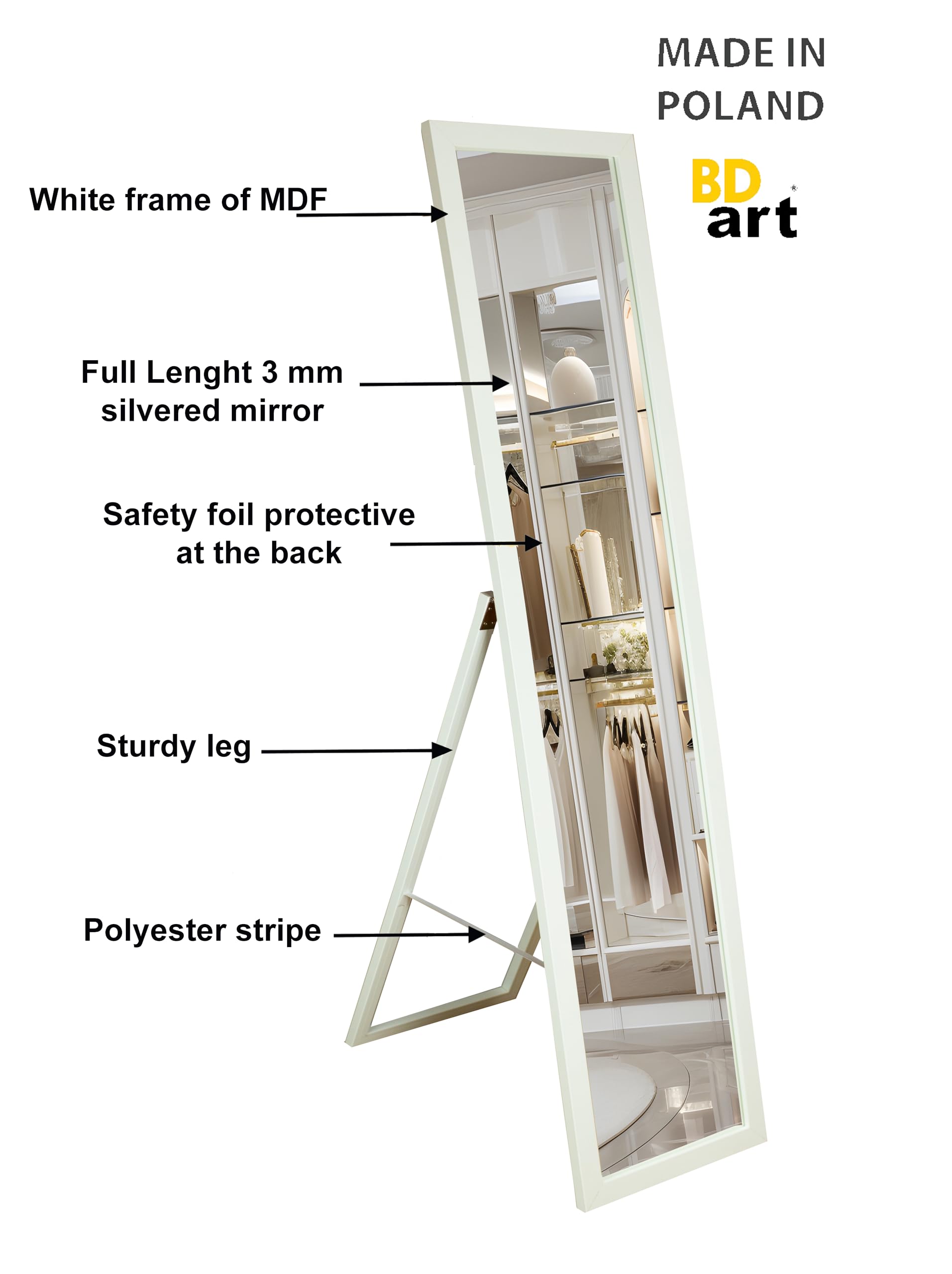 BD ART Stand-Ankleidespiegel Weiß 155,8 x 35,8 cm großer Fußboden Standspiegel Garderobe weiß Zeitloser eleganter MDF Rahmen Ganzkörperspiegel