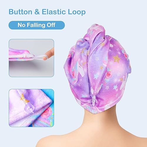 Miniatura 3 de FIOBEE Toalla de microfibra para el cabello para niños, toalla de secado rápido, turbantes absorbentes para cabello húmedo con botón, para mujeres y