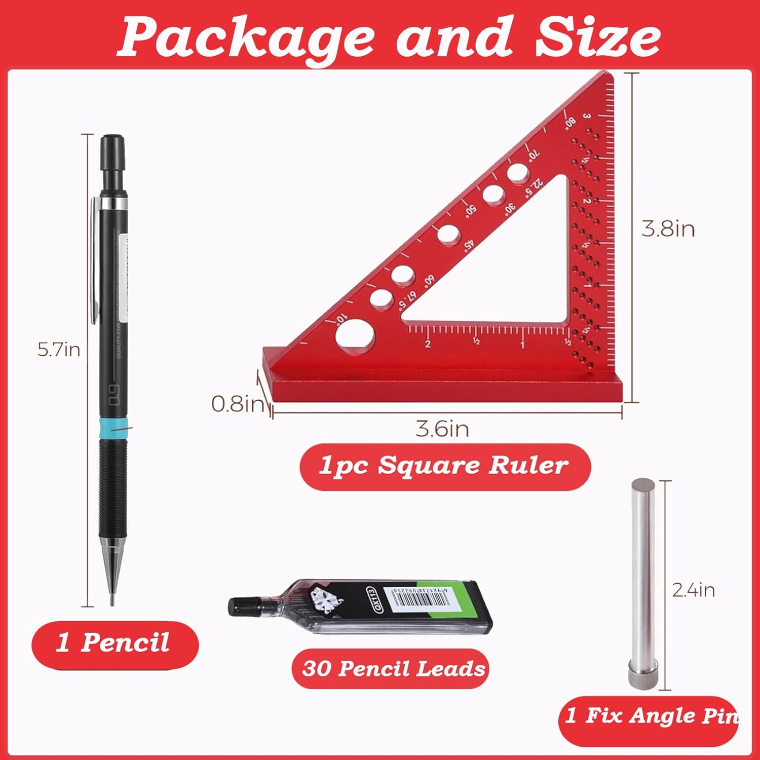 Square Ruler with Fixed Angle Pin Small Carpenter Square Woodworking with 0.9mm Mechanical Pencil 90 Degree Aluminum Alloy Triangle Ruler for Marking Gauge Furniture and Cabinet Making