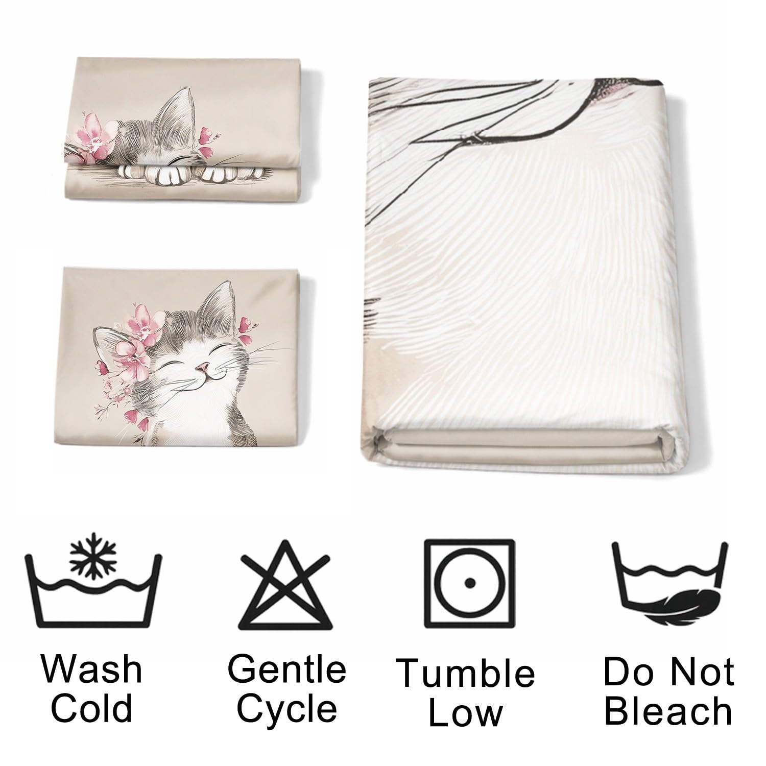 Pojedynczy zestaw poszewek na kołdrę, urocze zwierzęta, koty, kwiaty, dla dzieci, dziewcząt, miękka poszewka na kołdrę, zestaw pościeli, beżowa, komiksowa, odporna na blaknięcie, można prać w pralce
