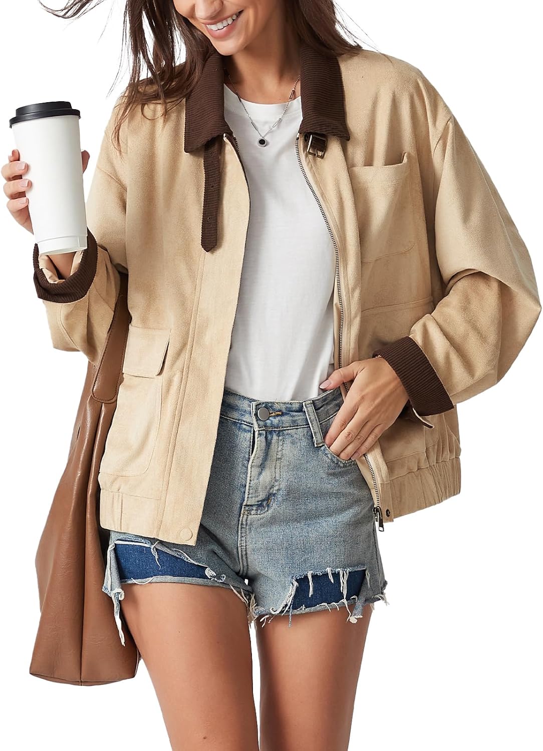 LADYFUL Women's Faux Suede Leather Jacket Casual Fall Winter Oversized Bomber Barn Coat Corduroy Collar Trendy Outerwear - Image 2