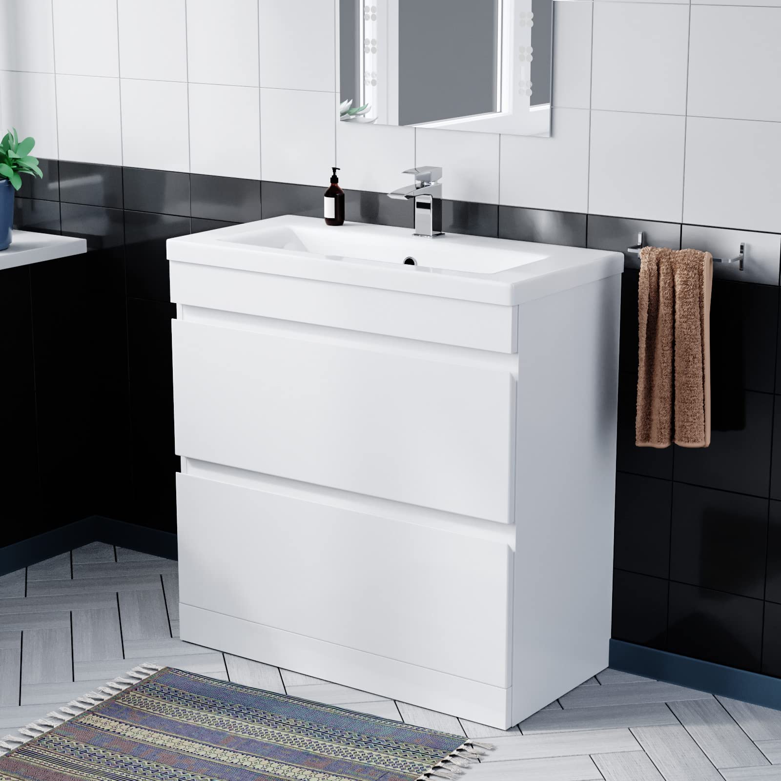 Nes Home Minimalist 800 Freestanding Gloss White Basin Vanity Sink 2 Drawers | Cot