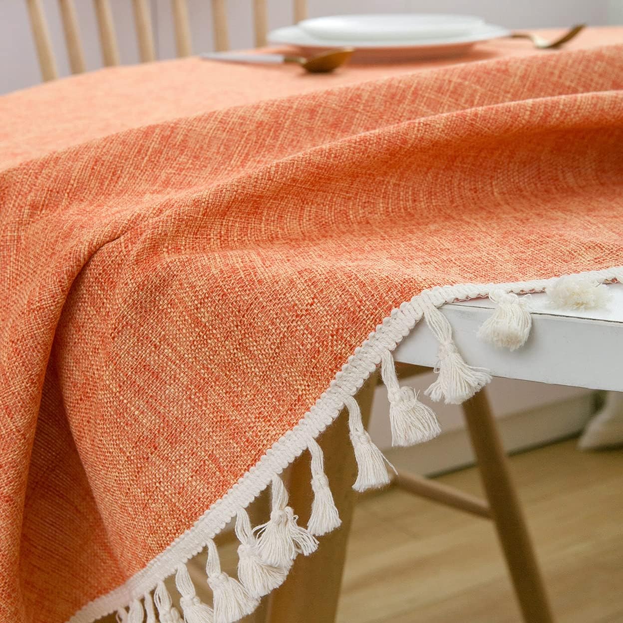 SPRICA Round Tablecloth, Cotton Linen Tassel Table Cover for Kitchen Dinner Table, Decorative Solid Color Table Desk Cover,Diameter 70", Orange Red : Home & Kitchen