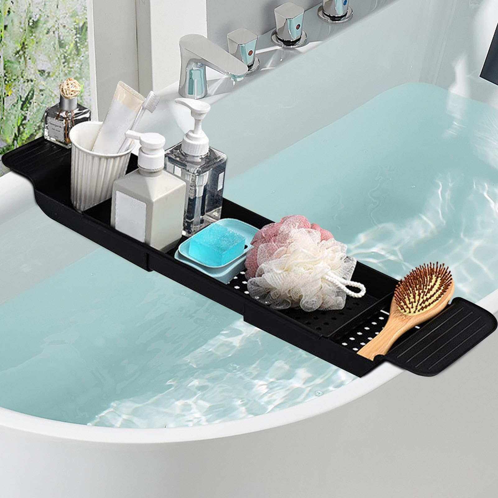 Plateau de bain en plastique extensible pour baignoire Noir 56-79 cm