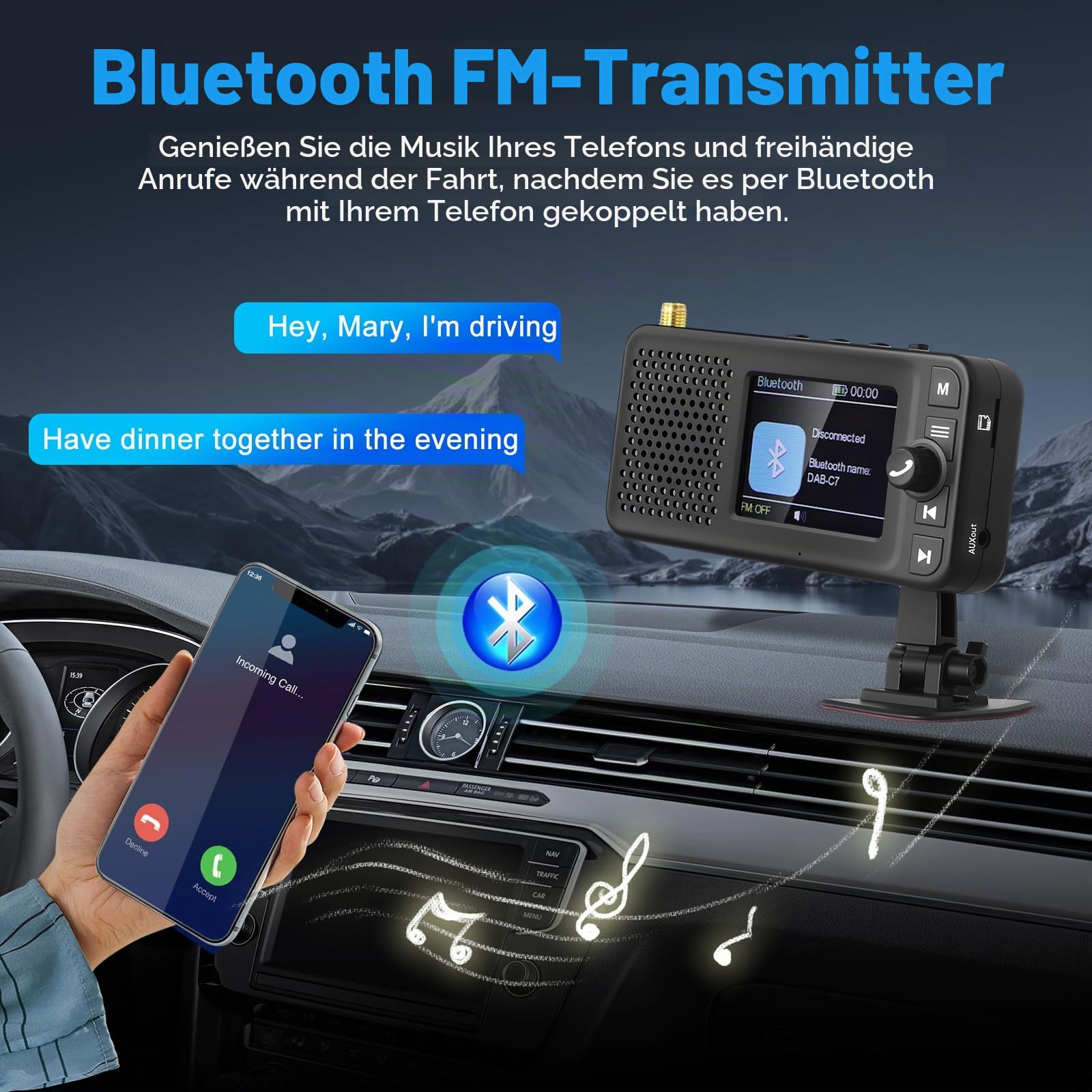 DAB Adapter für Autoradio Digital Radio Bluetooth-Freisprecheinrichtung, 2,4 Zoll LCD Display DAB+ Adapter für Autoradio FM Transmitter, BT-Musik AUX-Schnittstelle