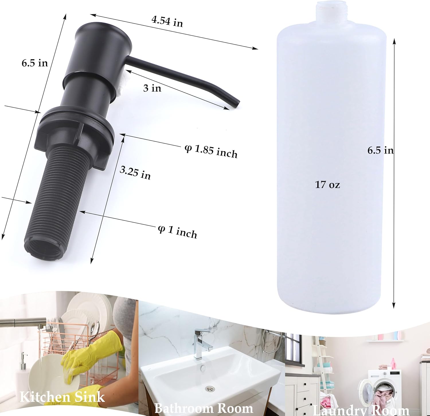 Sink Soap Dispenser Pump Black Built in Kitchen Counter Dish Soap Dispenser with 41" Extension Tube/17 Oz Bottle for Bathroom Under Sink Hand Soap Lotion Pump