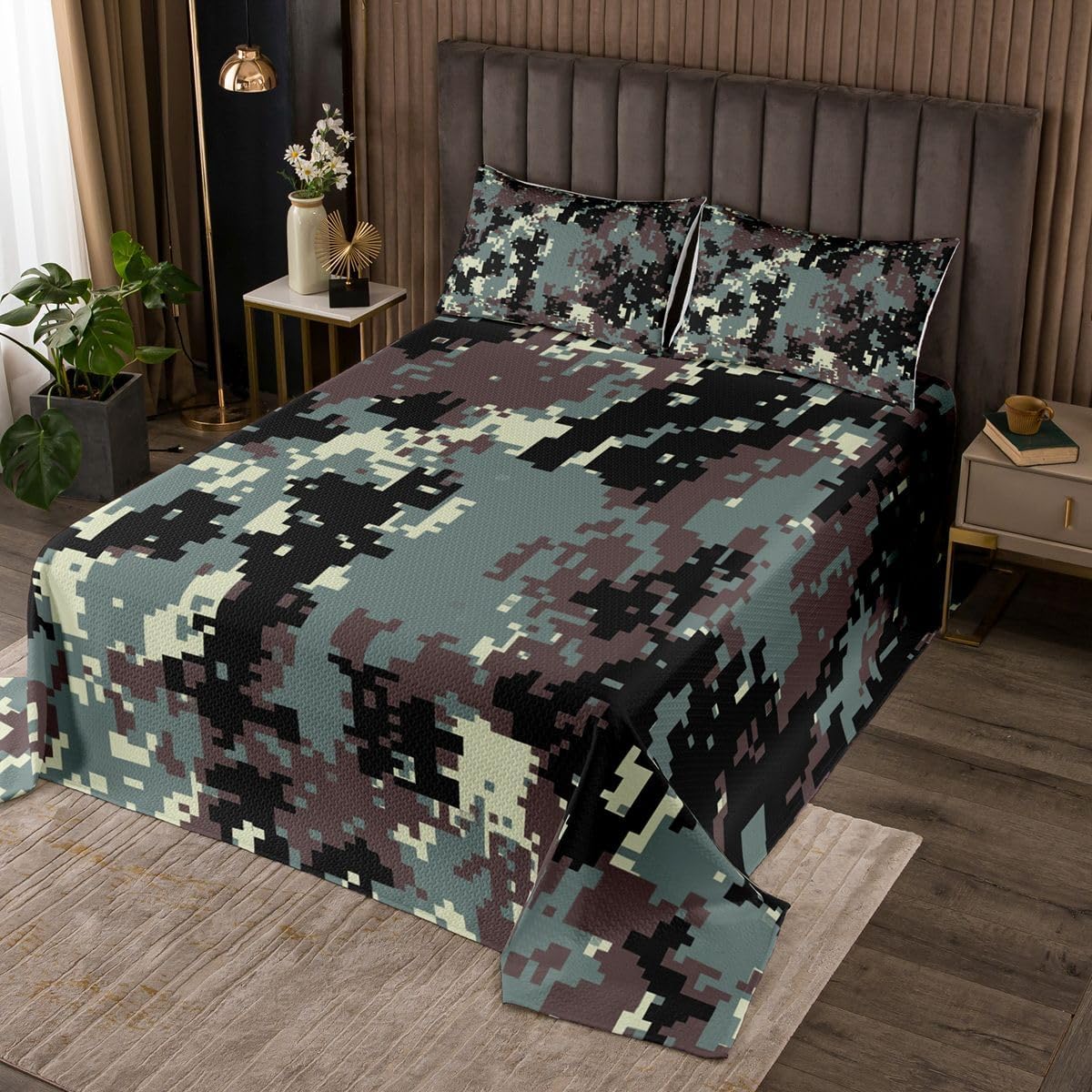 jejeloiu Camo Bedspread Quilts Woods Camouflage Coverlet Set Queen Size for Kids Boys Girls Hunting Quilted Coverlet for All Season With 2 Pillowcases Cabin or Rustic Lodge Microfiber Black Green Gray