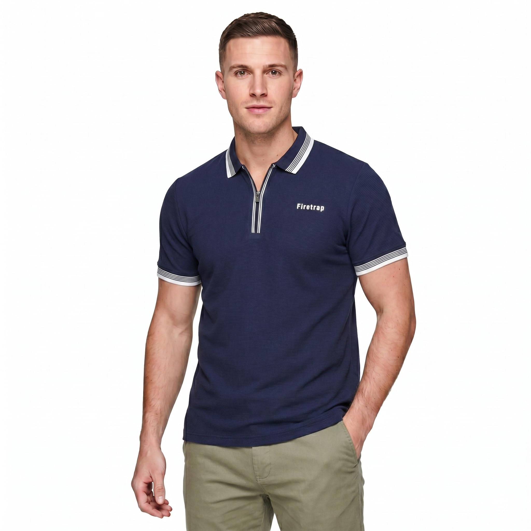 Firetrap Mens Designer Polo T Shirt 1/4 Zip Quarter Zip Textured Cotton Collared Top with Short Sleeves Navy XL