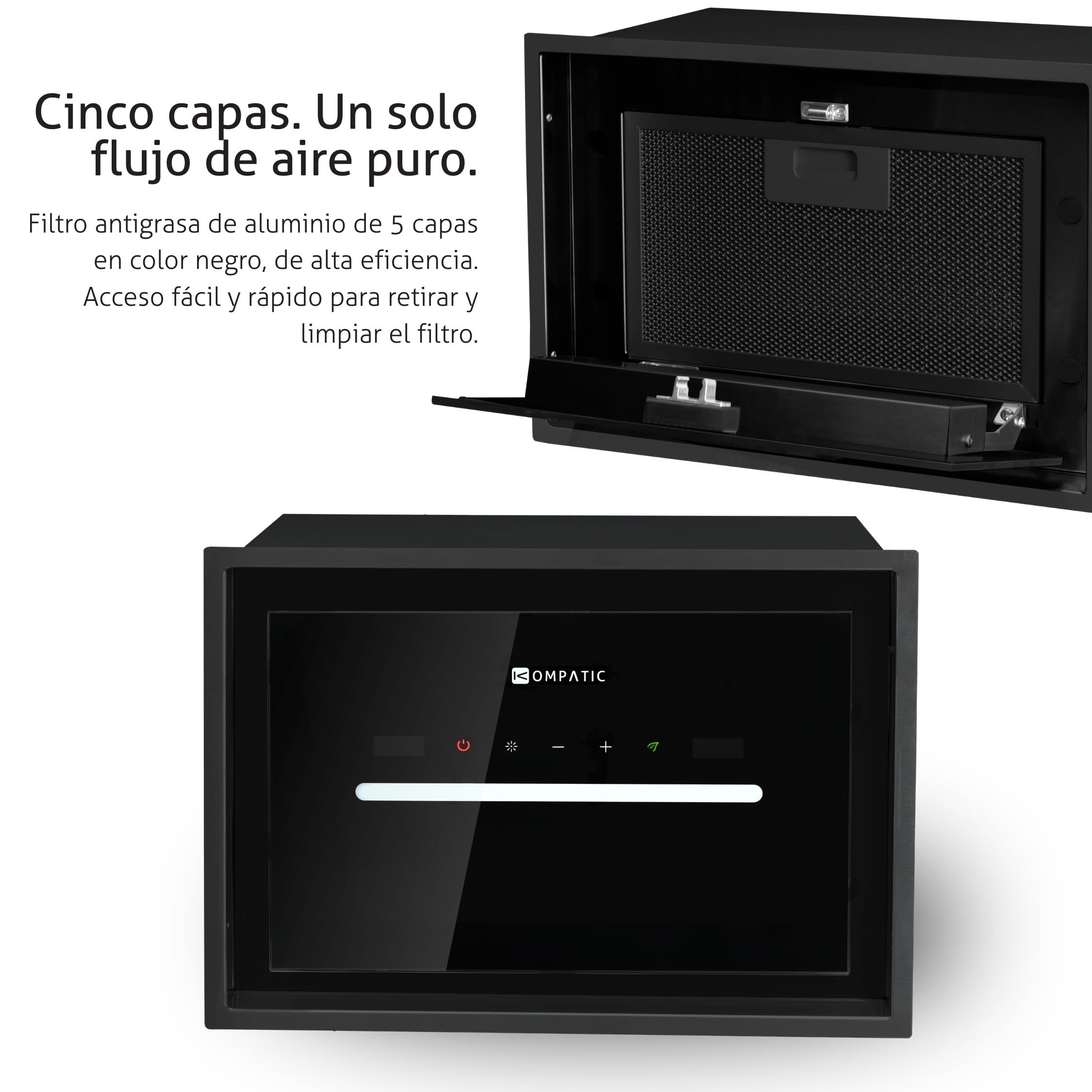 HANA 40 KPHN40BIB Campana Extractora Encastrable, A++ Control por gestos, 450 m³/h Táctil, Mando a distancia, Modo de purificación de aire, LED regulable Ajuste Temperatura Color 40 cm Negro