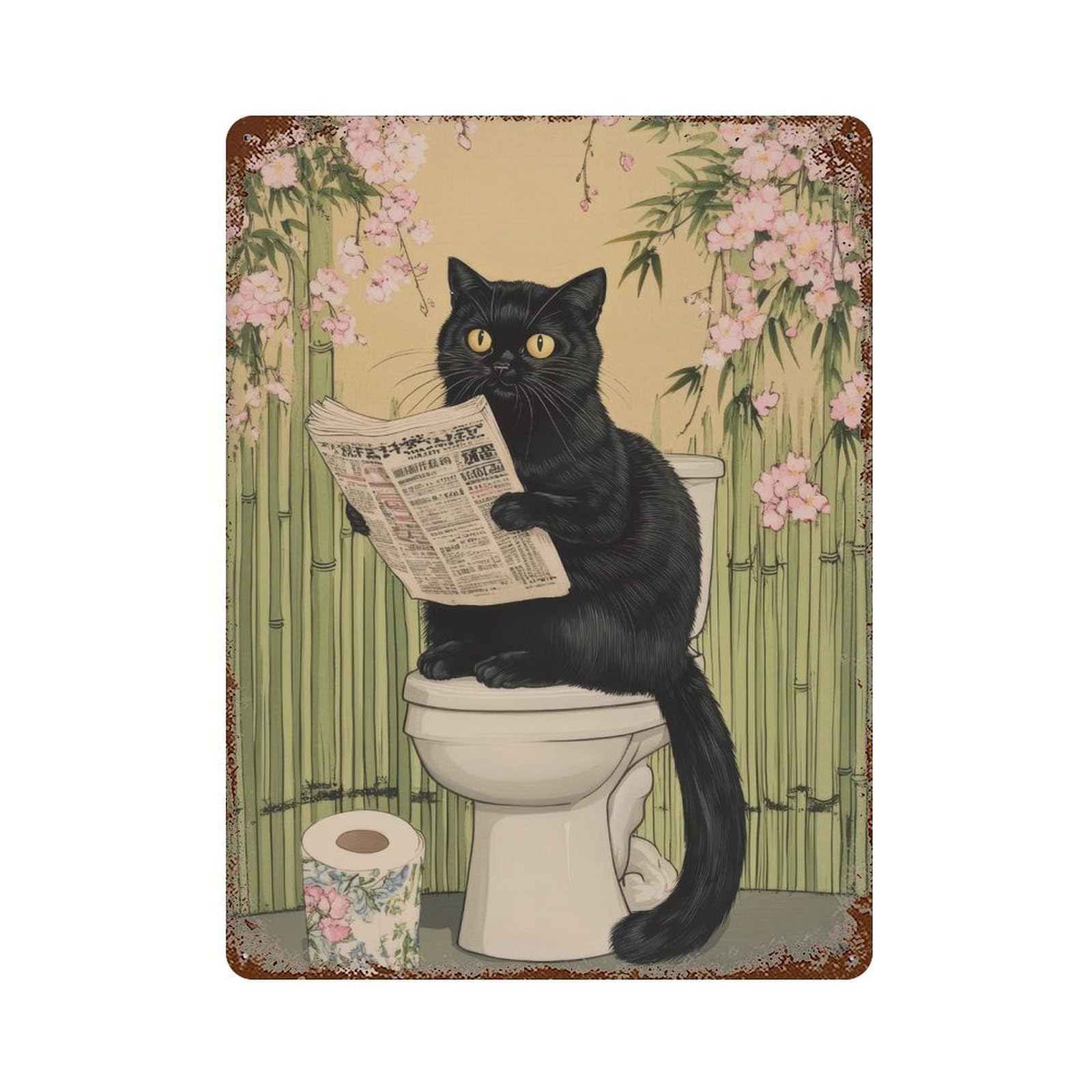xiaoxiaoshen Japanese Cat Sitting on Toilet Whimsical Ukiyo Wall Decor Art Metal Tin Poster Modern Home Decor Art Home Bar Shop Decorations Vintage Sign 40x30cm
