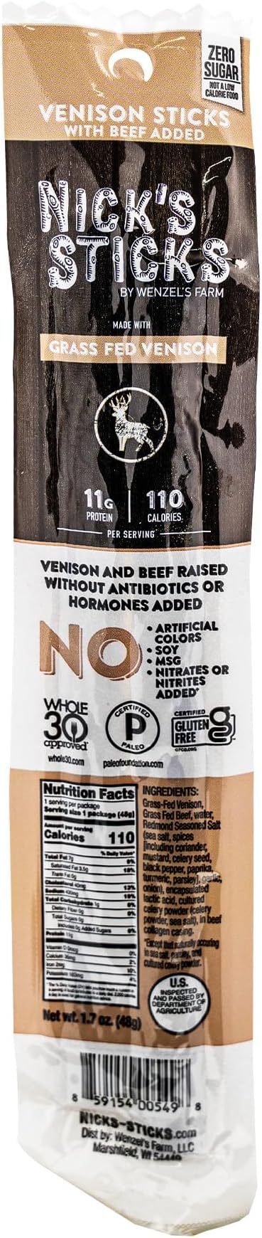 Nick's Sticks | 100% Grass-Fed Venison Sticks | Made in the USA | Gluten Free | Paleo | Keto | Whole30 Approved | No soy Antibiotics or Hormones (12-1.7 oz. Packages of 2 Sticks)