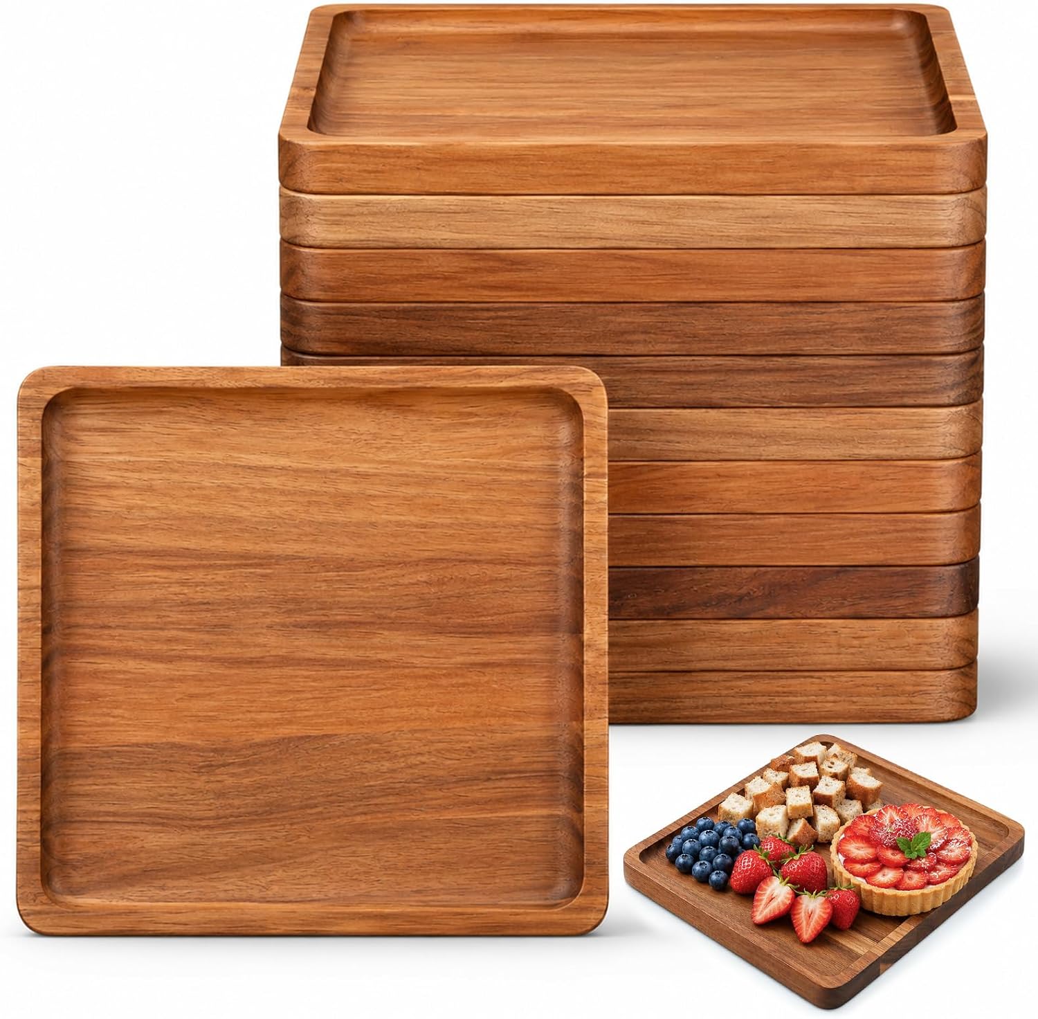 12 Pack 8 Inch Square Wooden Plates Small Charcuterie Board for Appetizer